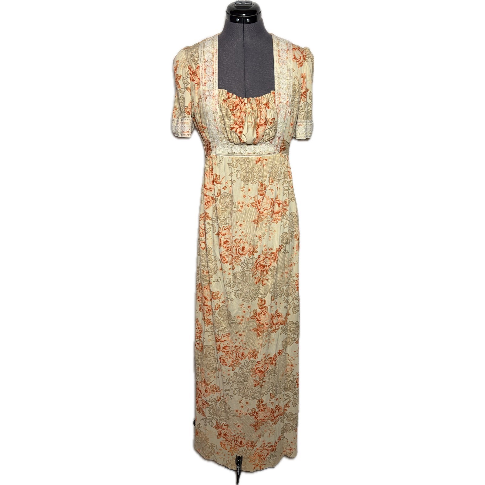 Vtg 70s Floral Prairie Maxi Dress Cottagecore Boho Lace 42-36-46 Large DAMAGED