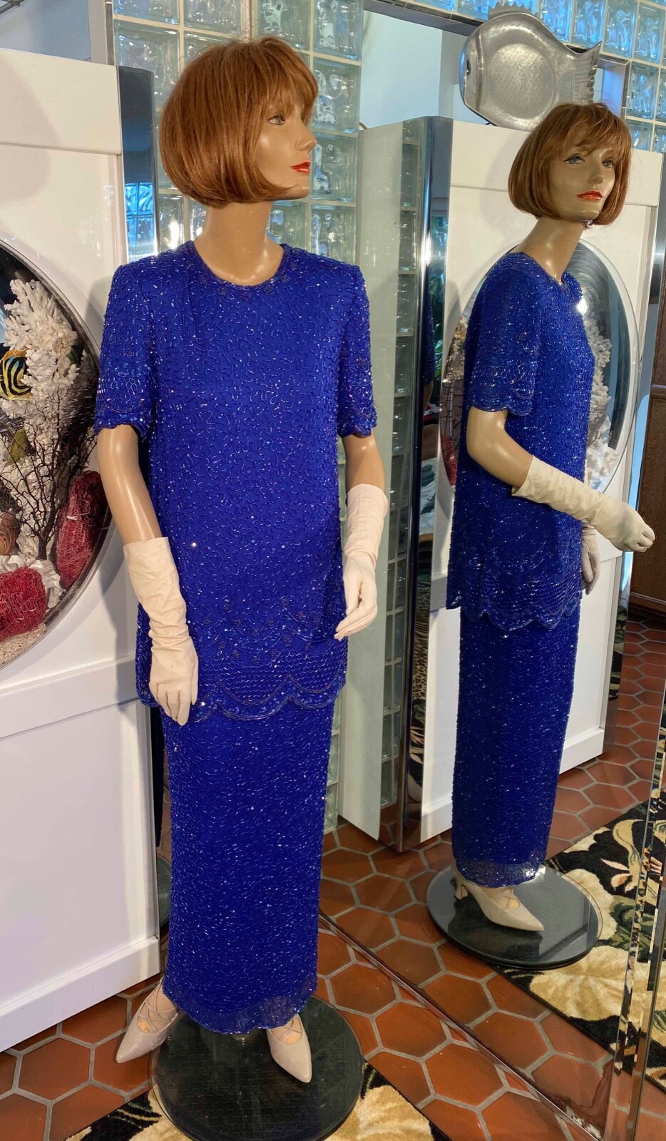 Blue Silk Beaded Drop waist Gown Flapper Wedding Formal VTG 1980s Theme Prom S