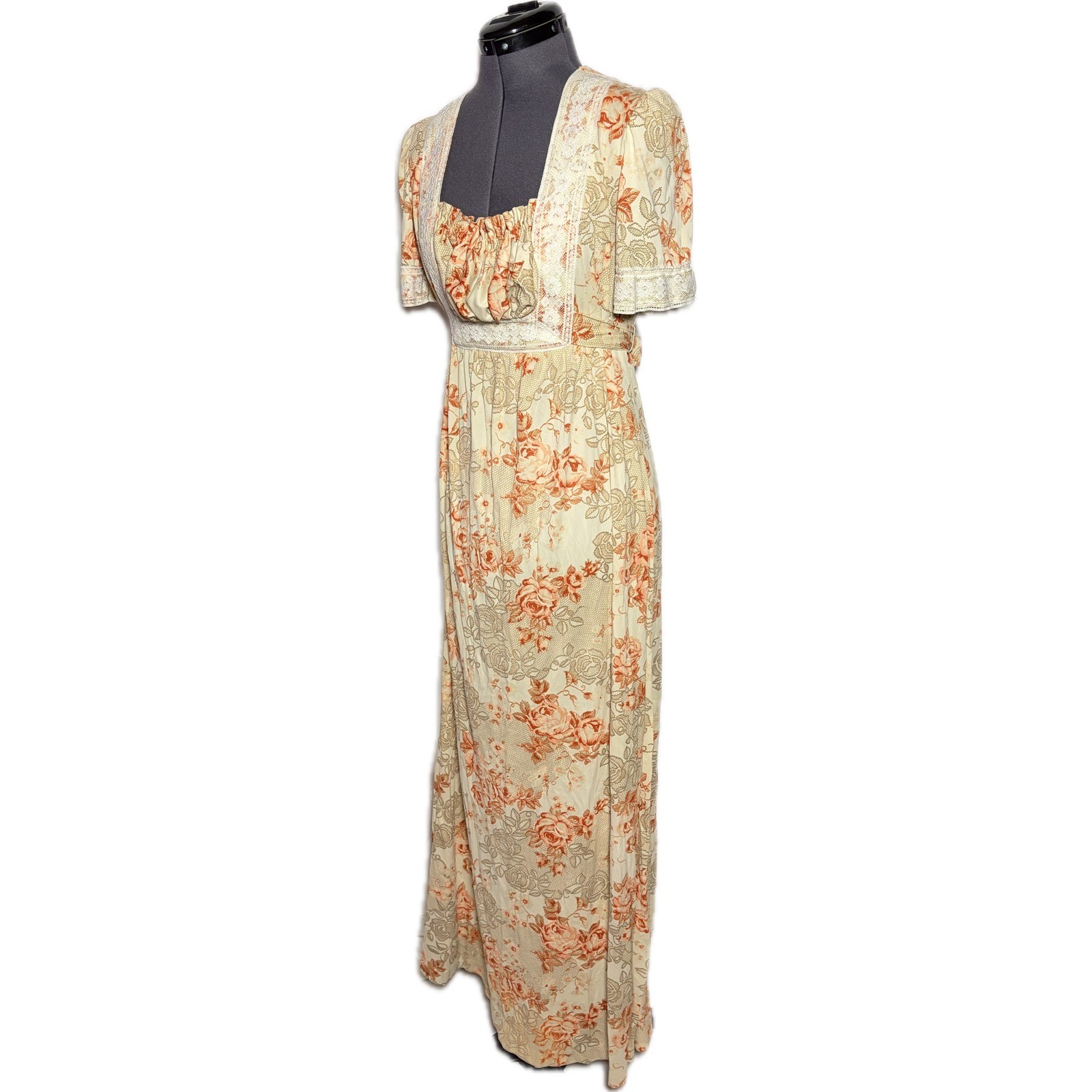 Vtg 70s Floral Prairie Maxi Dress Cottagecore Boho Lace 42-36-46 Large DAMAGED