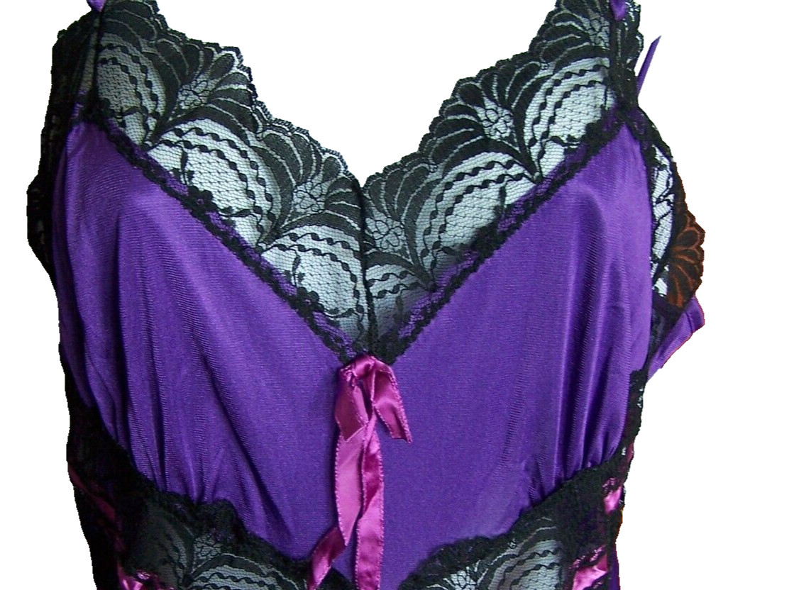 Vtg Nightgown Large 30s 40s Nylon Purple & Black Lace Honeymoon Bride READ