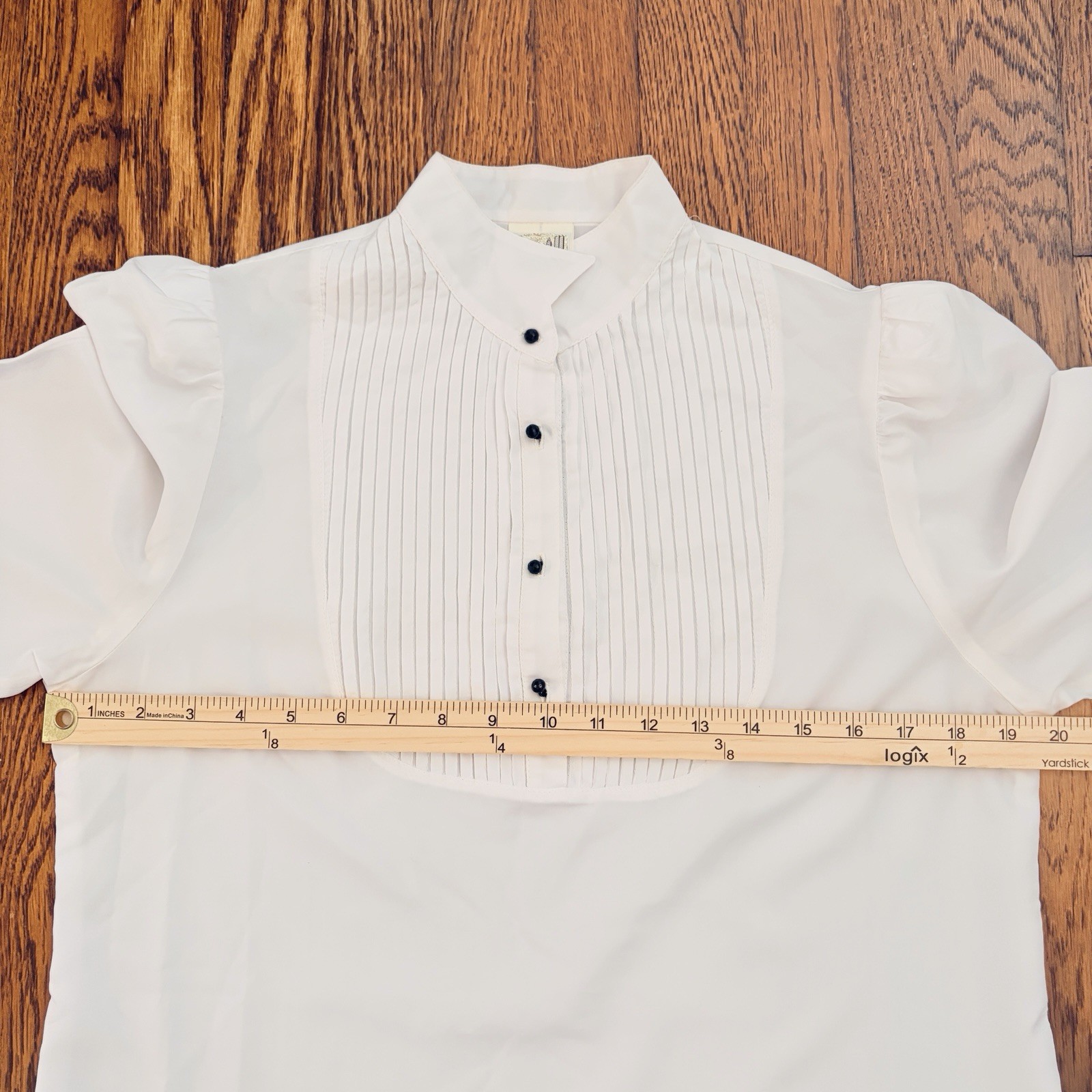 Vtg City Girl Tuxedo Top SZ M Off White Pleats Bib Puff Sleeve Prairie High Neck