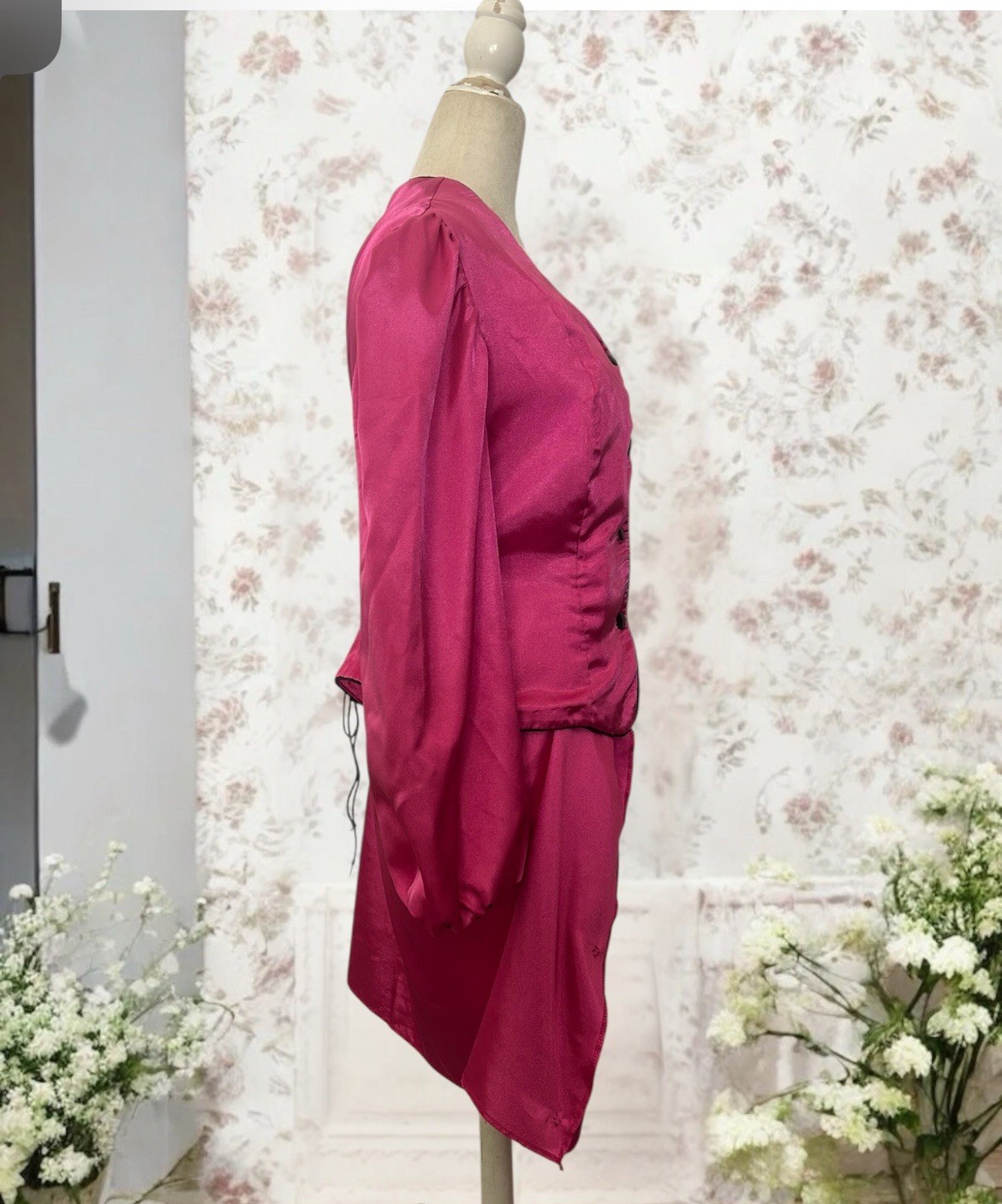 VTG 80s Skirt Suit Fuchsia Pink Corset Back Victorian Peplum Snap Skirt L 34