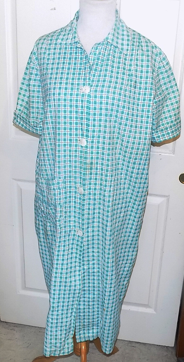Vintage 40s 50s Aqua White Plaid Cotton House Robe B48