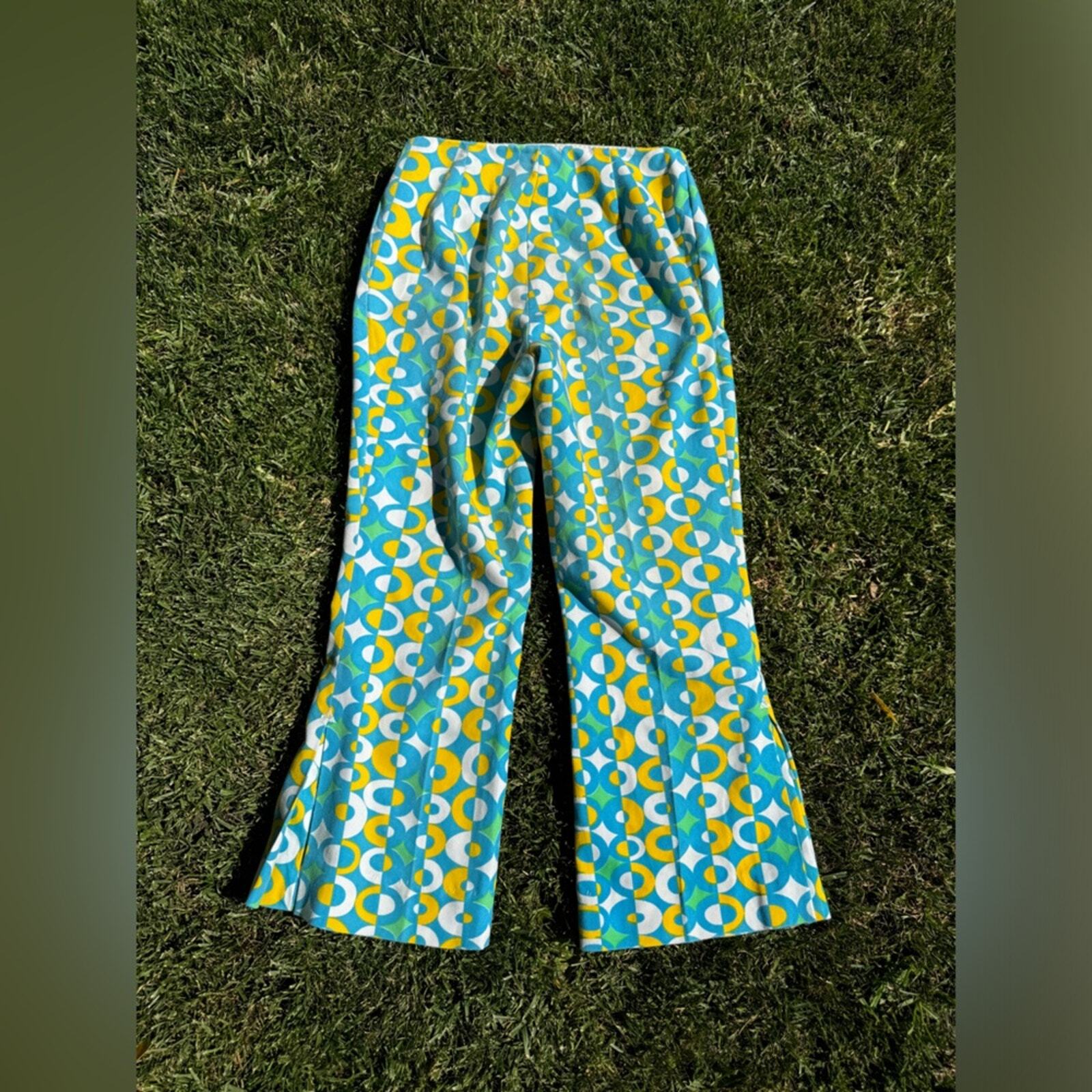 60s Vintage Green White and Blue Geometric Circle Print Kick Flares