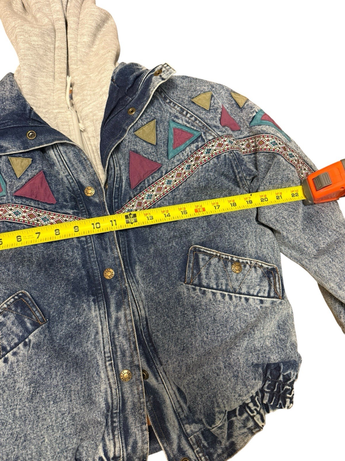 Street Worn VTG Acid Wash Denim Hoodie Jacket Aztec 90s Style Streetwear Sz 10