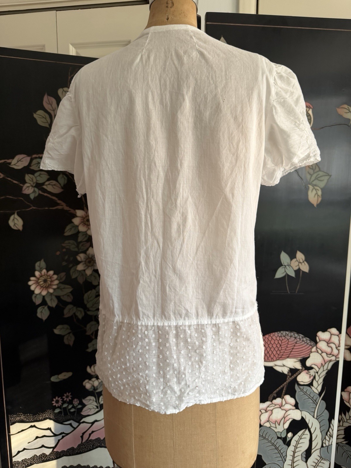 Vintage 1940’s White Cotton Blouse Dotted Swiss & Crochet Lace Puff Sleeve Top