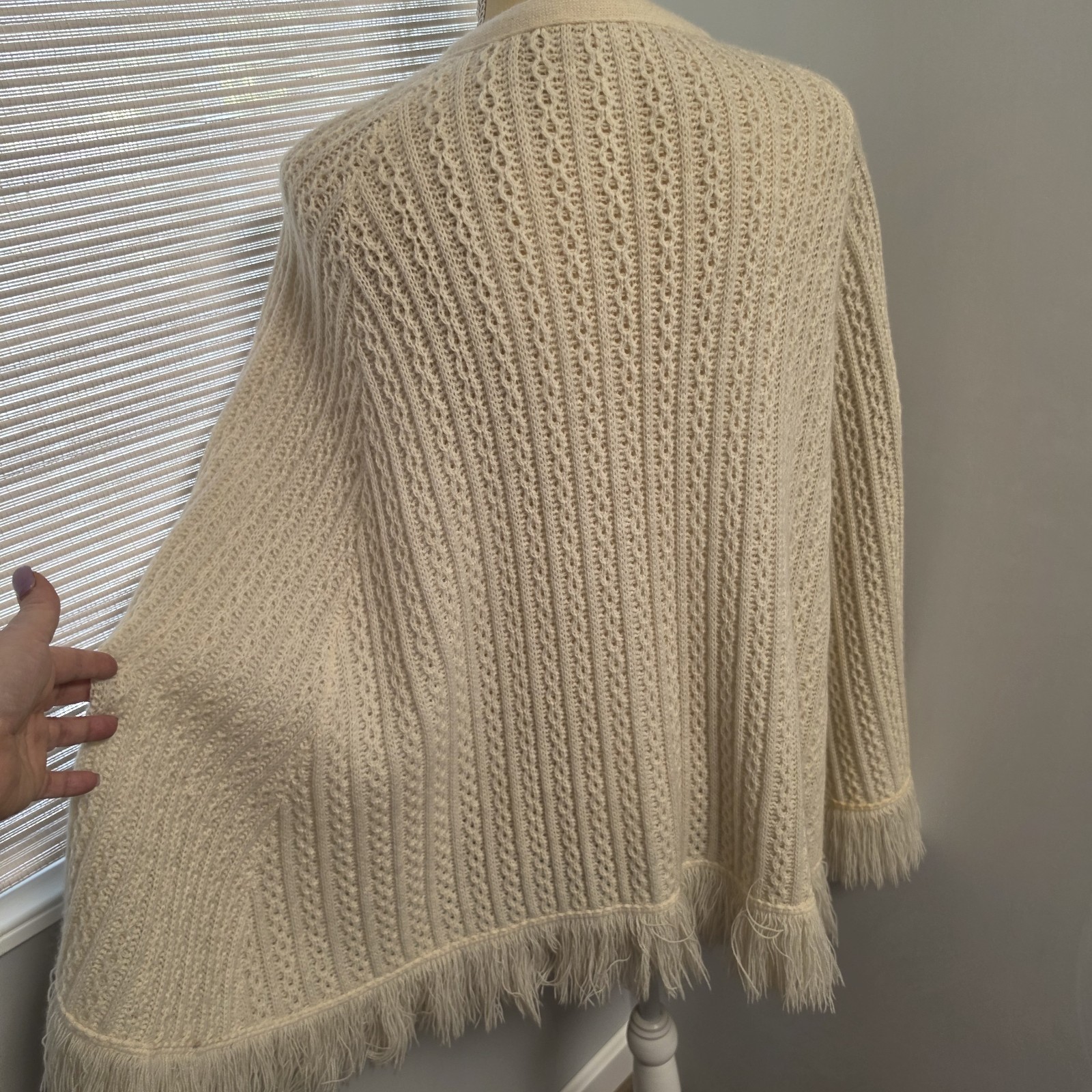 Vintage Poncho Shawl Cape With Fringe Orlon Acrylic Button Front Hand Arm Slits