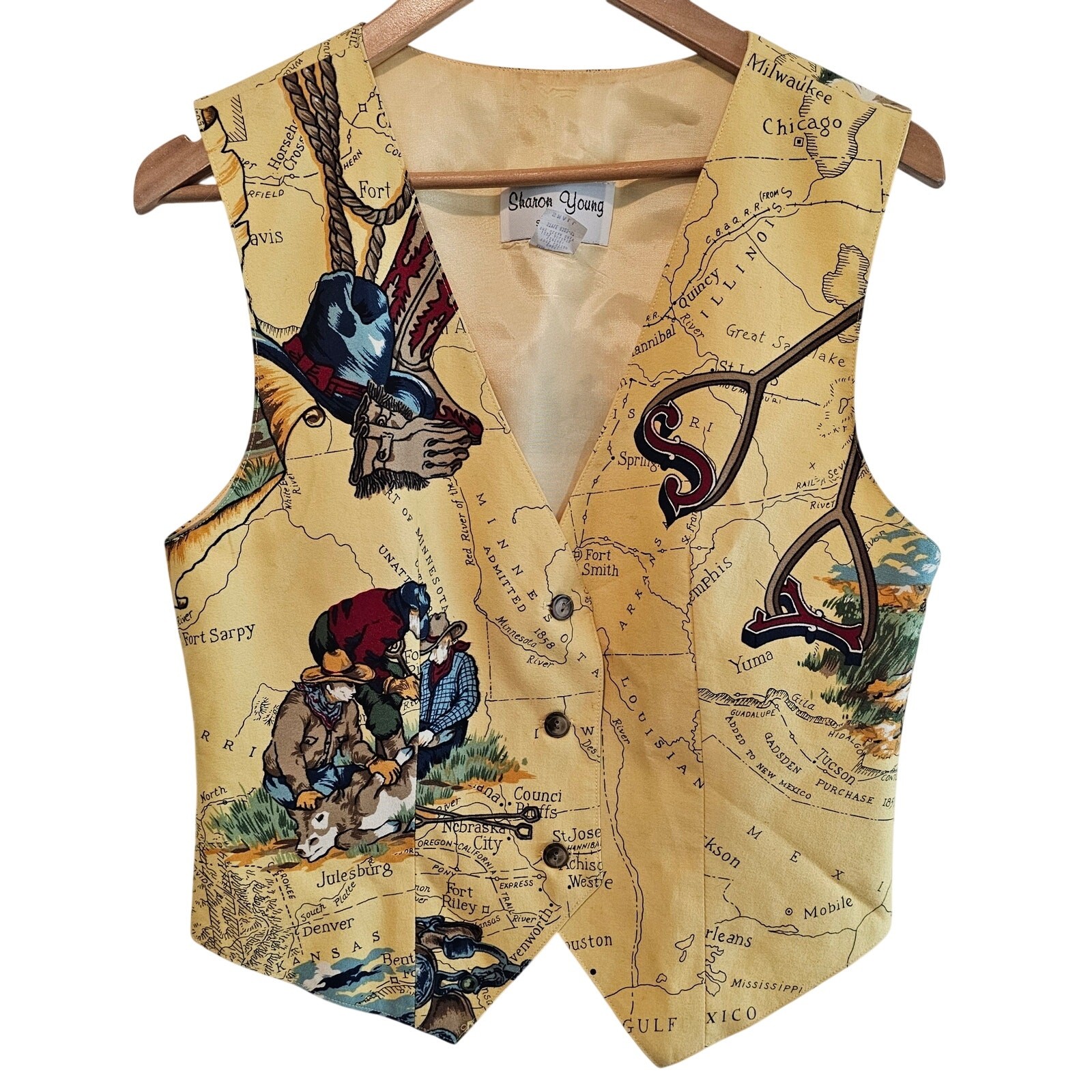 Vintage Sharon Young Vest Womens Sm Yellow Western Cowboy Country Ponderosa 90s
