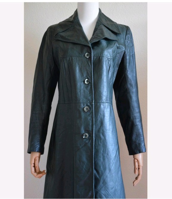 Vintage 1970s forest green Leather Trench Coat dark green 70s boho long retro S