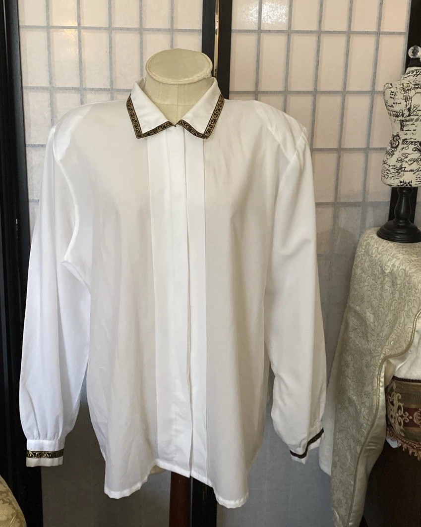 Ms. Bond VTG 80/90s Blouse Wom 40/Est. 2XL Wht Secreta Blouse Ribbon Trims 51”B