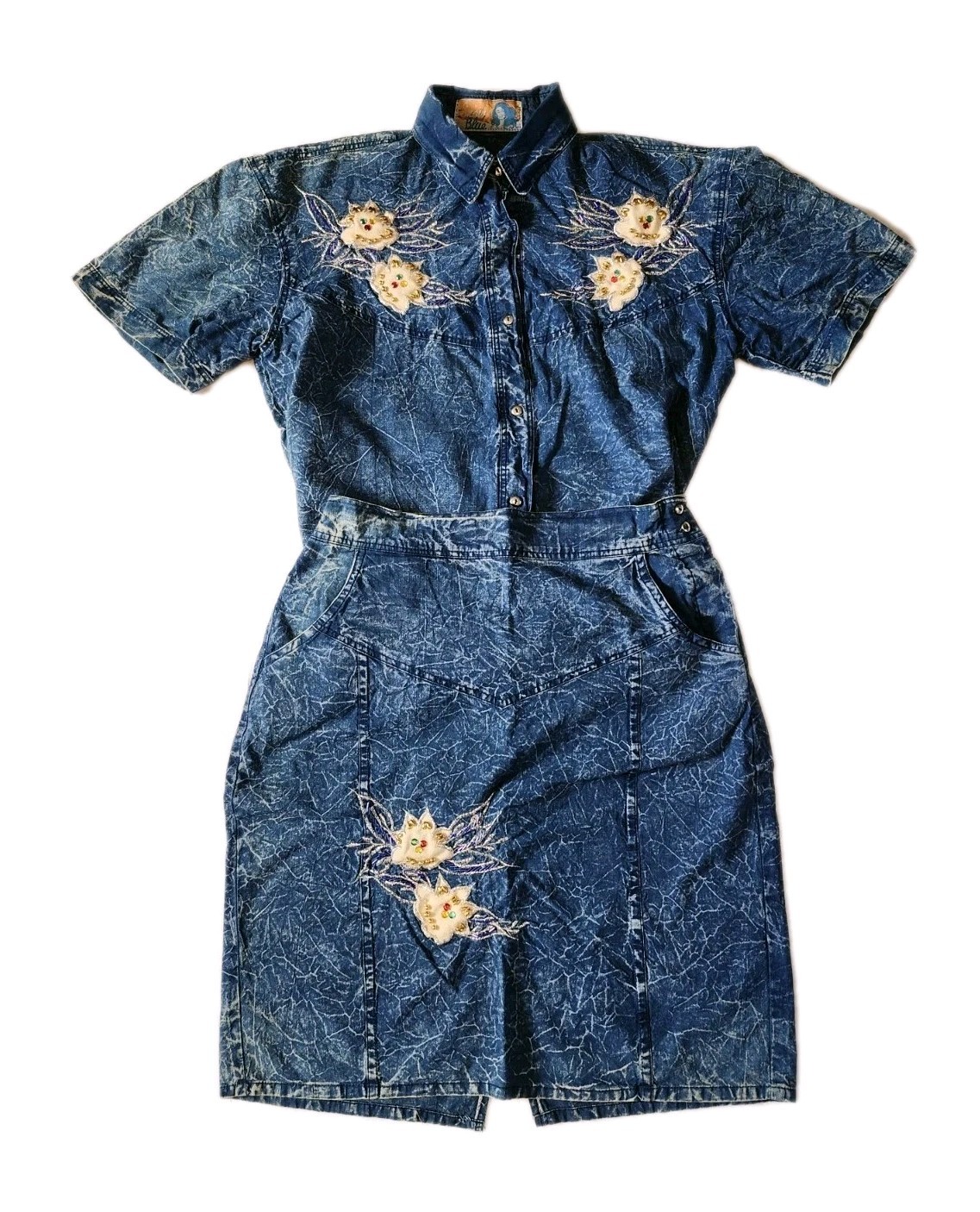 Vintage 80s Skirt and Top Denim Set Western Style w/ Multicolored Beads Snow Blu