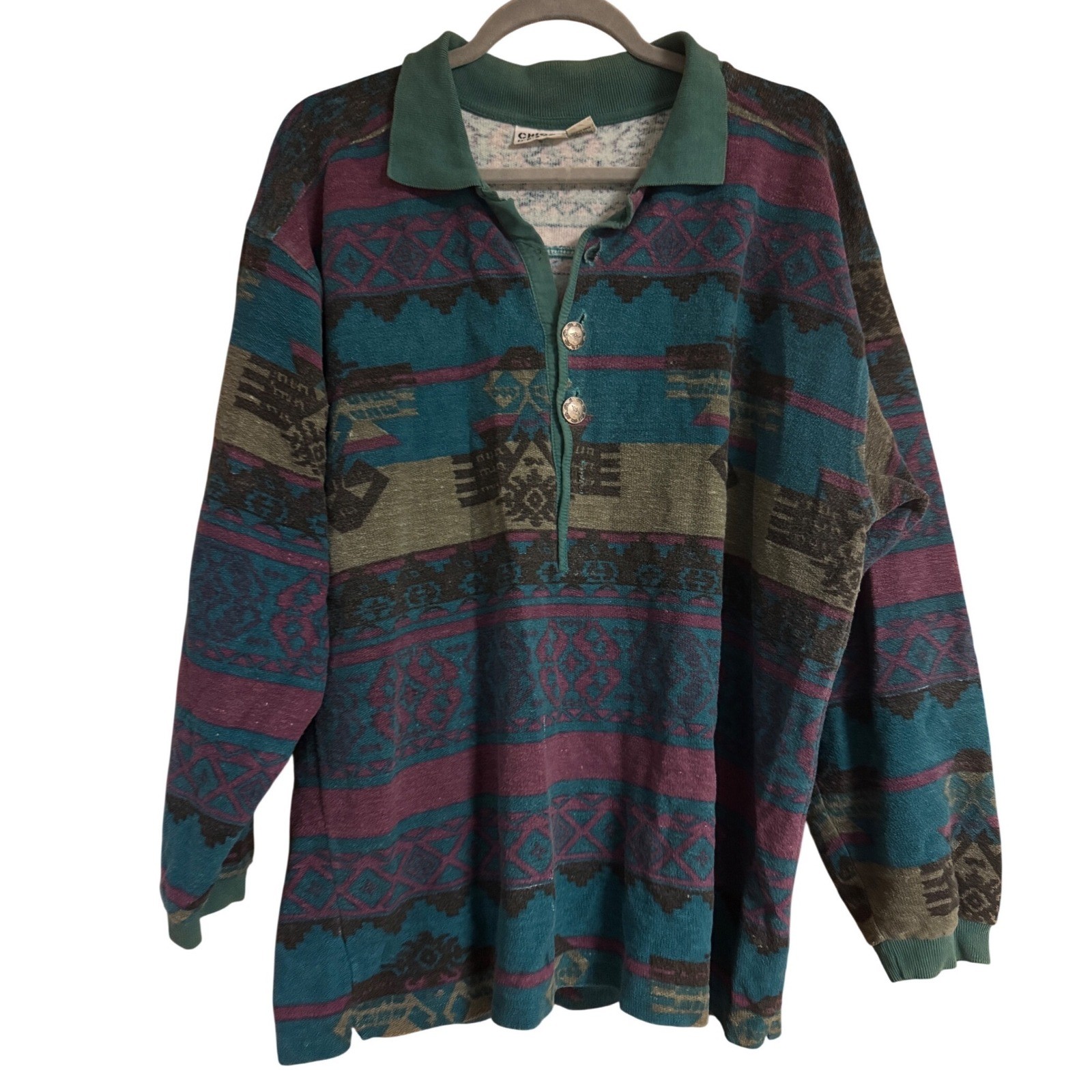 Vintage Chicos Southwestern Aztec Polo Shirt Teal Purple Cotton Size 1