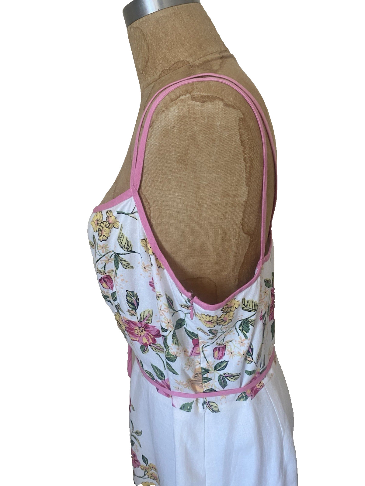 Y2K Ann Taylor White Linen Pink Floral Cottagecore Sun Dress Coastal Grandma 12