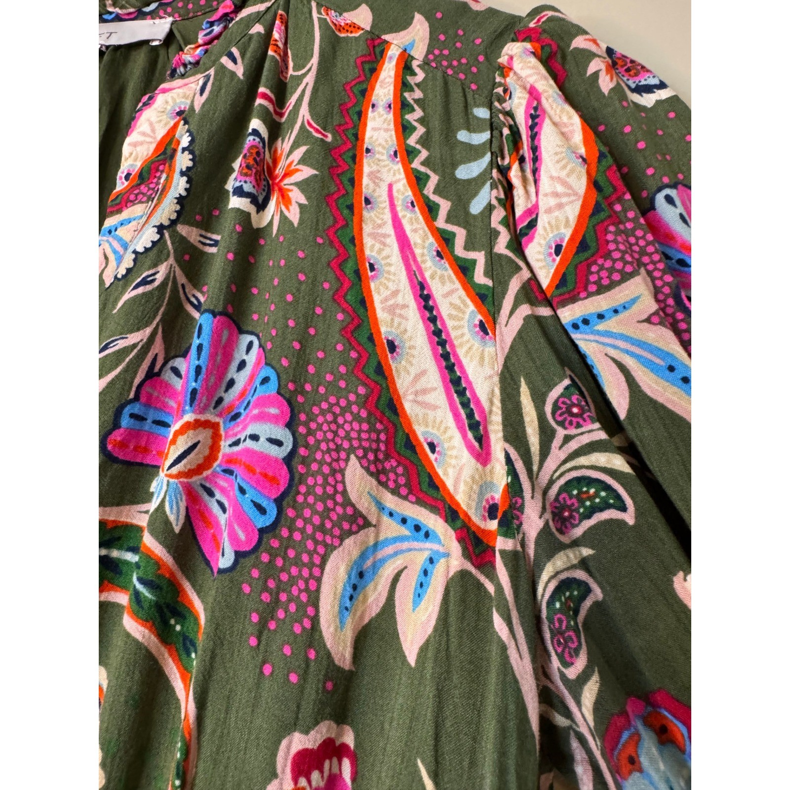 Olive Green Boho Prairie Maxi Dress Paisley Floral Cottagecore Peasant Small