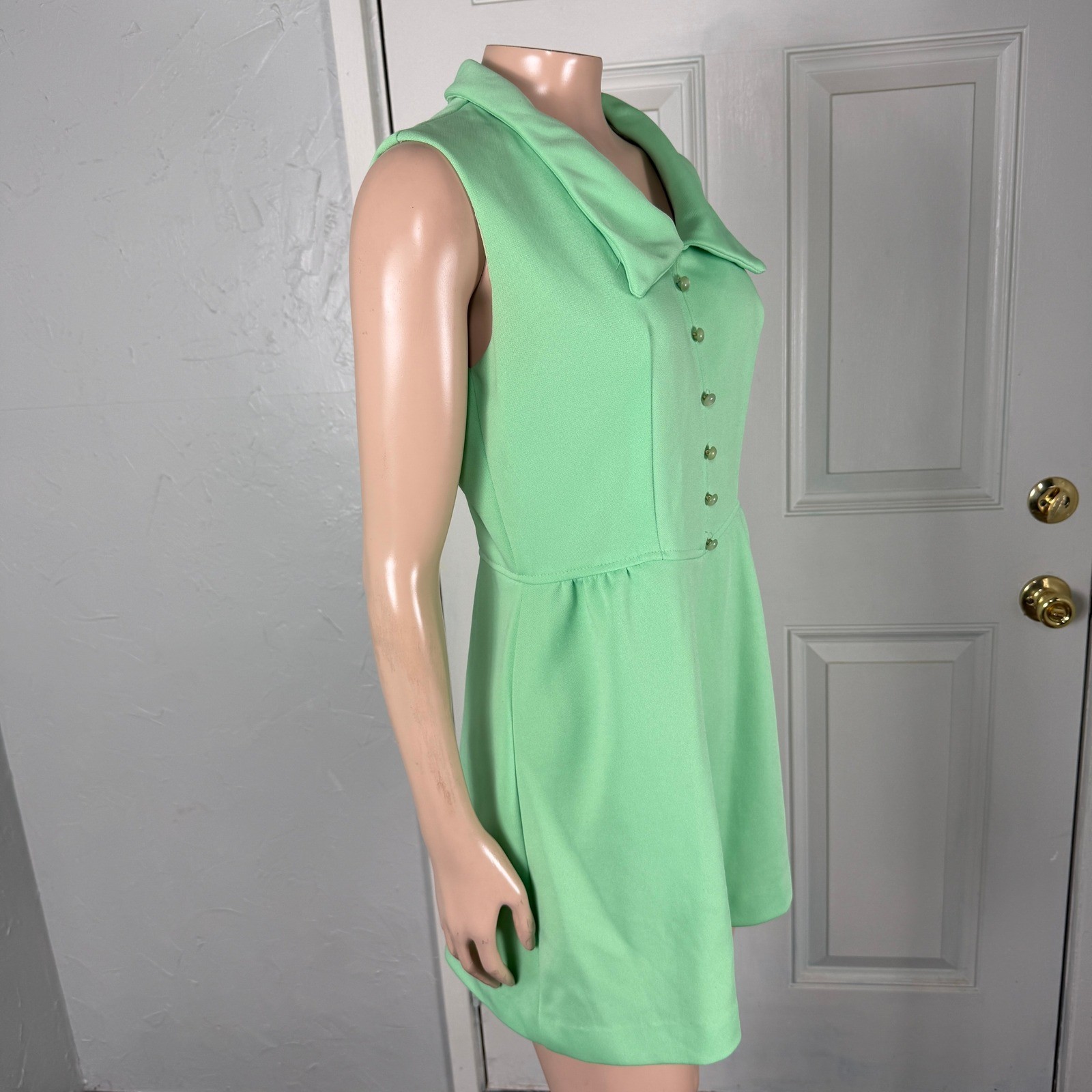 Vintage 70s Polyester Knit Mini Dress Party Sleeveless Collar Sheath Casual M18