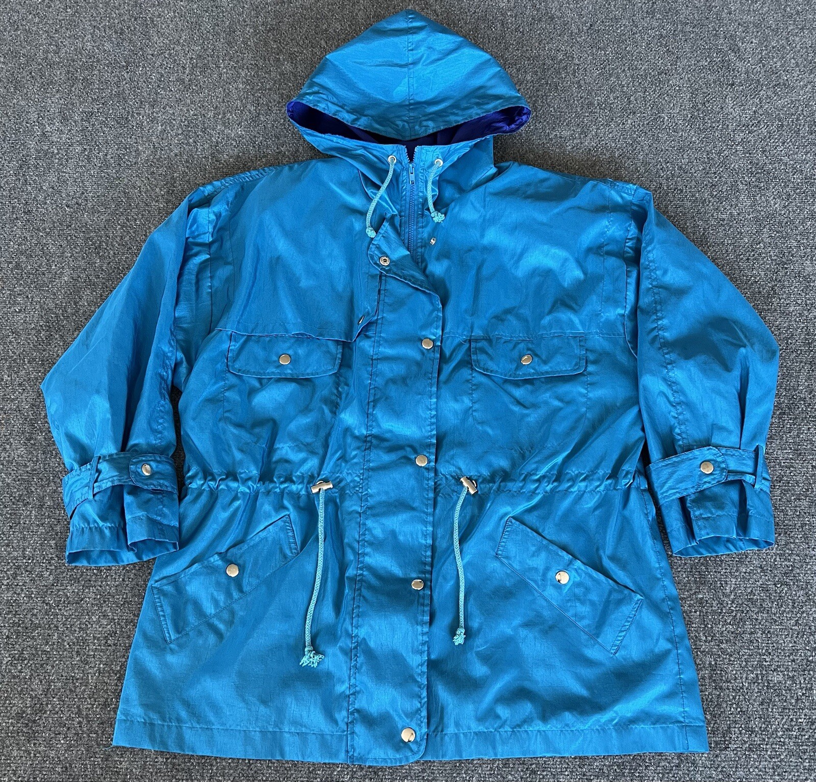 Maggie Sport Womens L VTG 90s Windbreaker Raincoat Blue Purple Zip Hooded