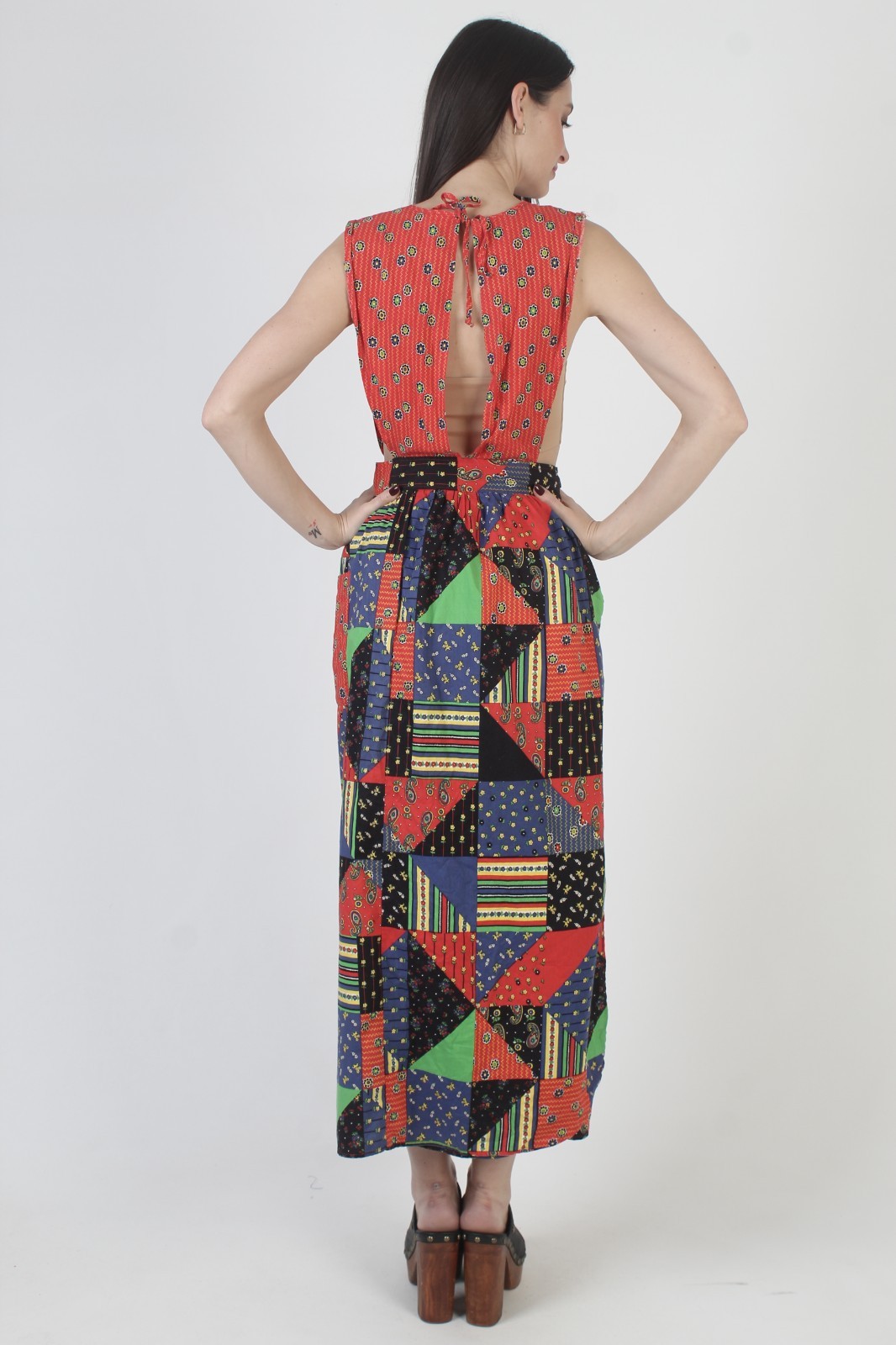 Vtg 70s Patchwork Pinafore Country Farm Calico Red Apron Boho Prairie Sundress