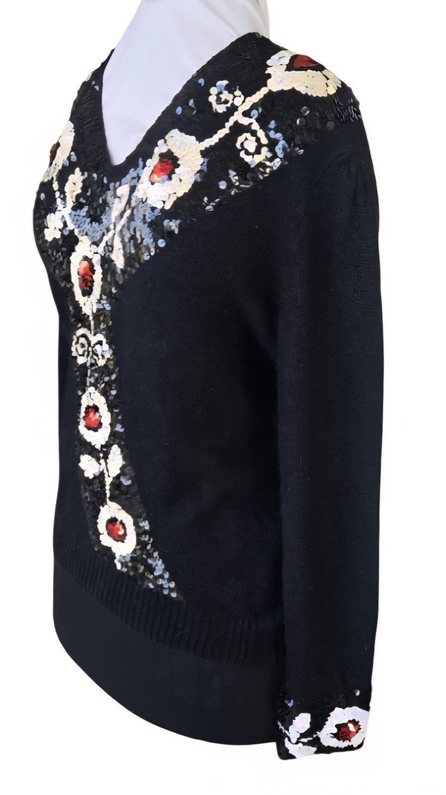 1980s LE CHOIS Black Sweater With Black Silver & Red Rose Sequins Sz Medium
