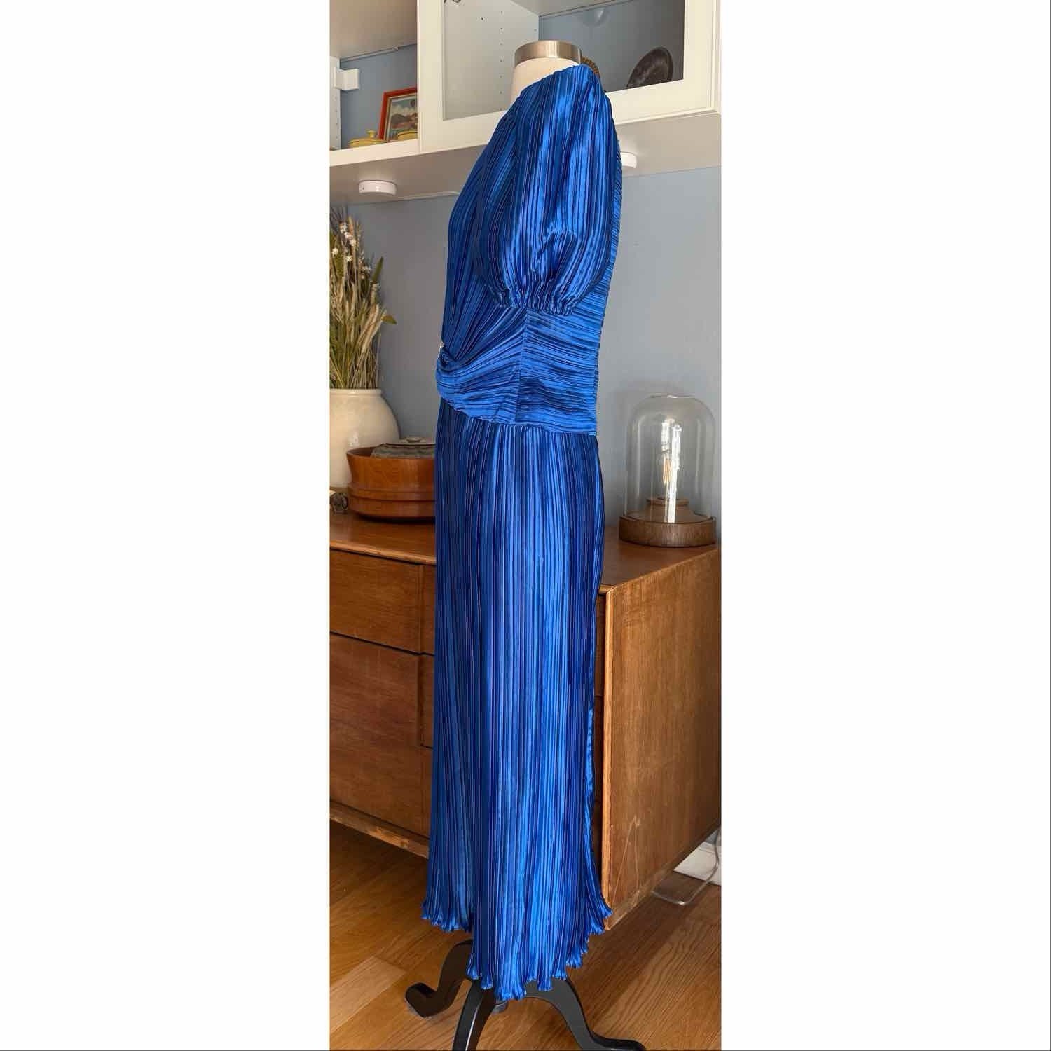 Vintage 80’s Nuit Pleated Cocktail Party Dress Puff Sleeves Blue Rhinestone 6