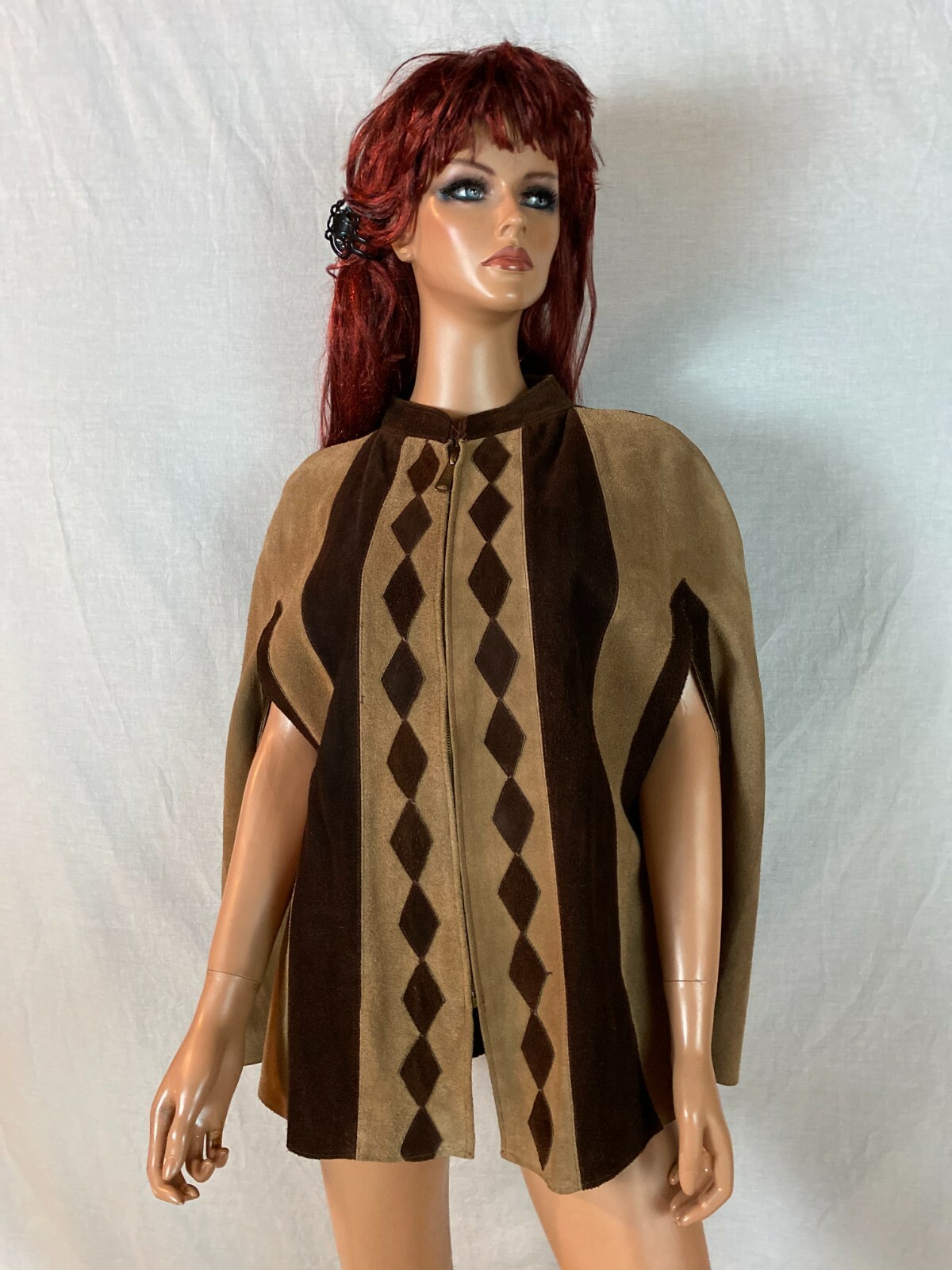 Vtg 60-70s Cape Poncho Coat 2 Tone Brown Diamond Art Love Zip Birds Back Hippy S
