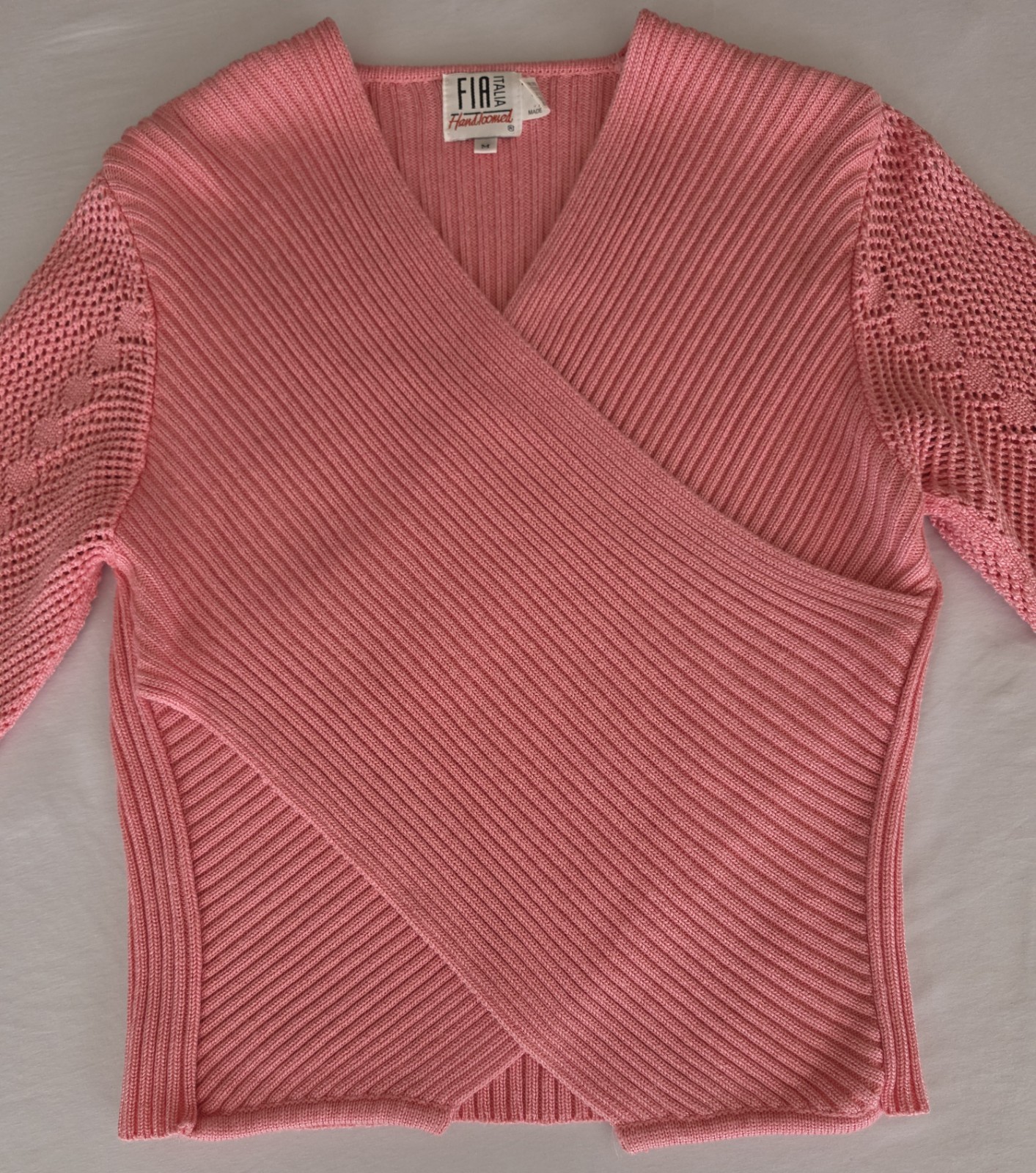 Vintage Fia Italia Handloomed Pink Long Sleeve Wrap Style Sweater Size Medium
