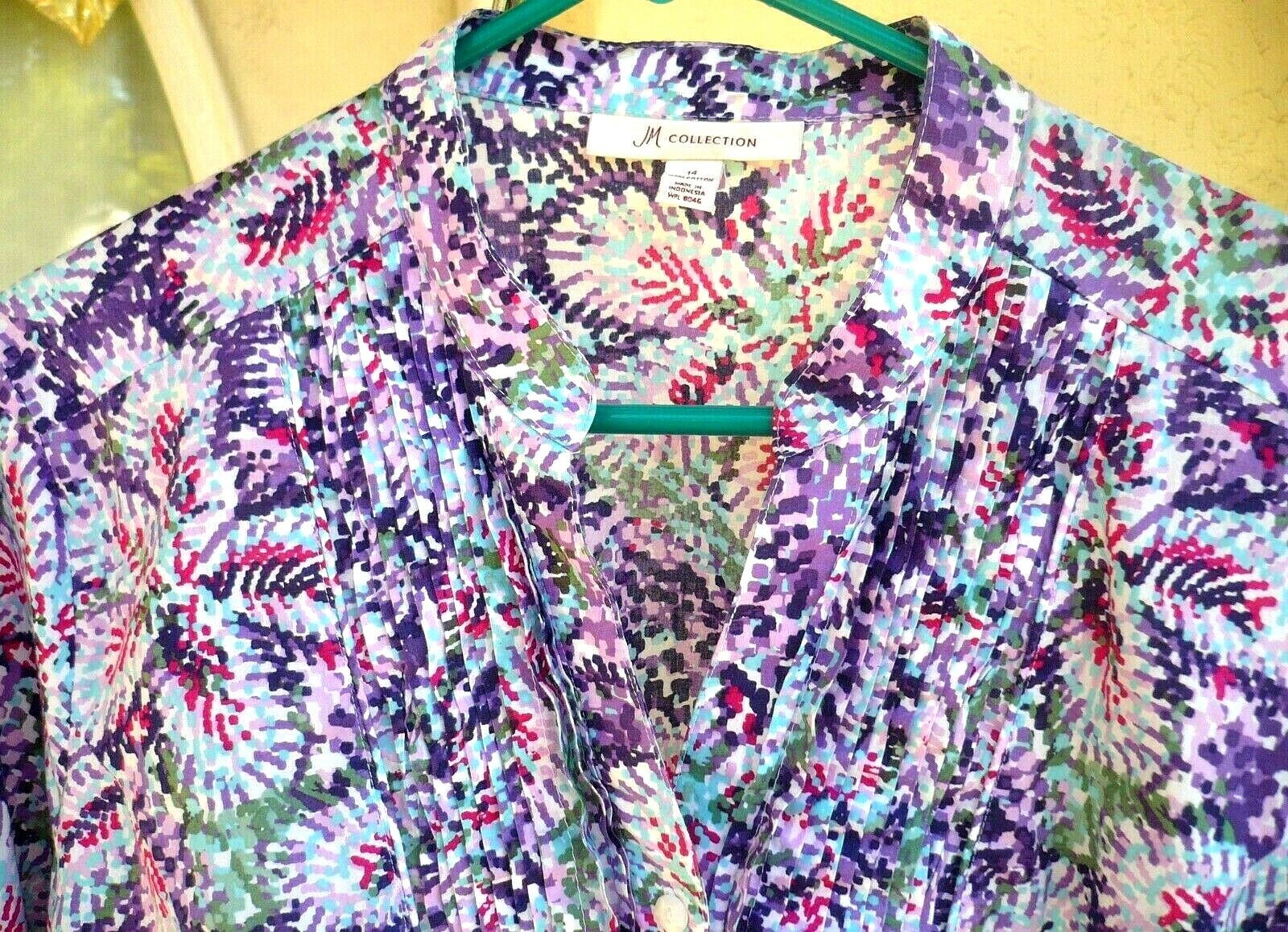 VTG J M COLLECTION 100% COTTON BLOUSE L 14 PURPLE FEATHER FLORAL PRINT PINTUCK