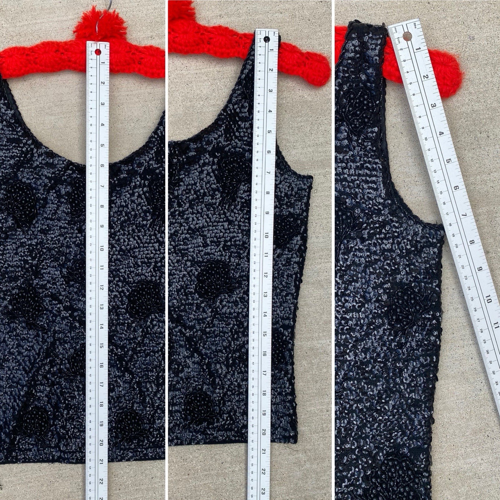 Black Sequin Beaded Wool Top Hong Kong Metal Zip Pinup Glam Tank S 50s 60s Vtg