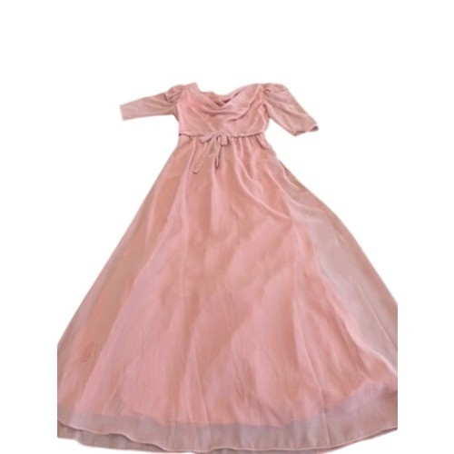 Vintage Blush Pink Cowl Neck Maxi Dress Swiss Dot Sleeve Empire Waist Pink 51in