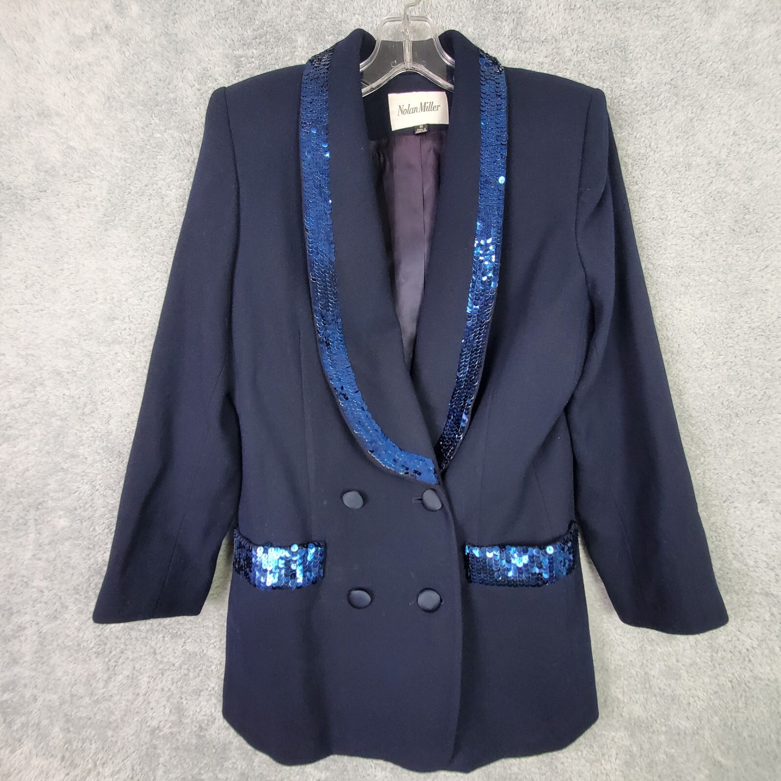 Vtg Nolan Miller Womens Blazer Sz 8 Blue Wool Sequin Collar Button Up 3 Qtr Slv