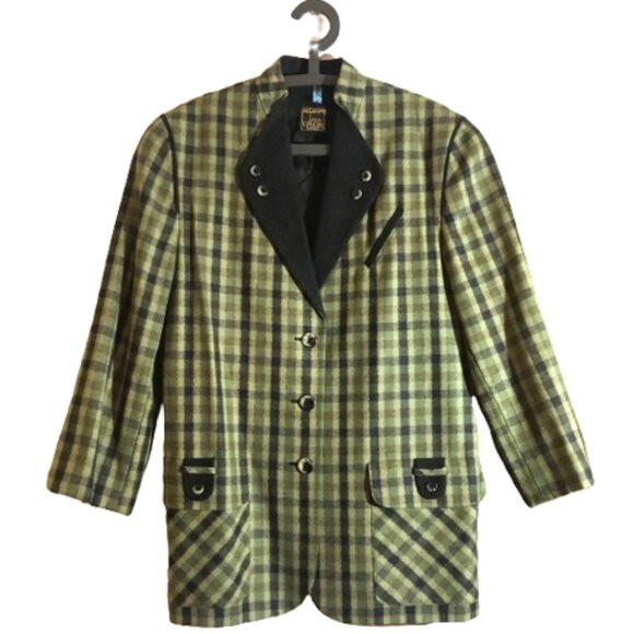 Vintage 90s wool checkered olive green and black blazer jacket, Plus size XL