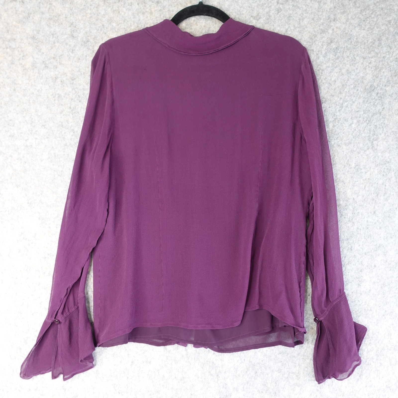 Vintage Top Womens 12 Med Purple Silk Sheer Flare Sleeve Button Up Blouse 90s