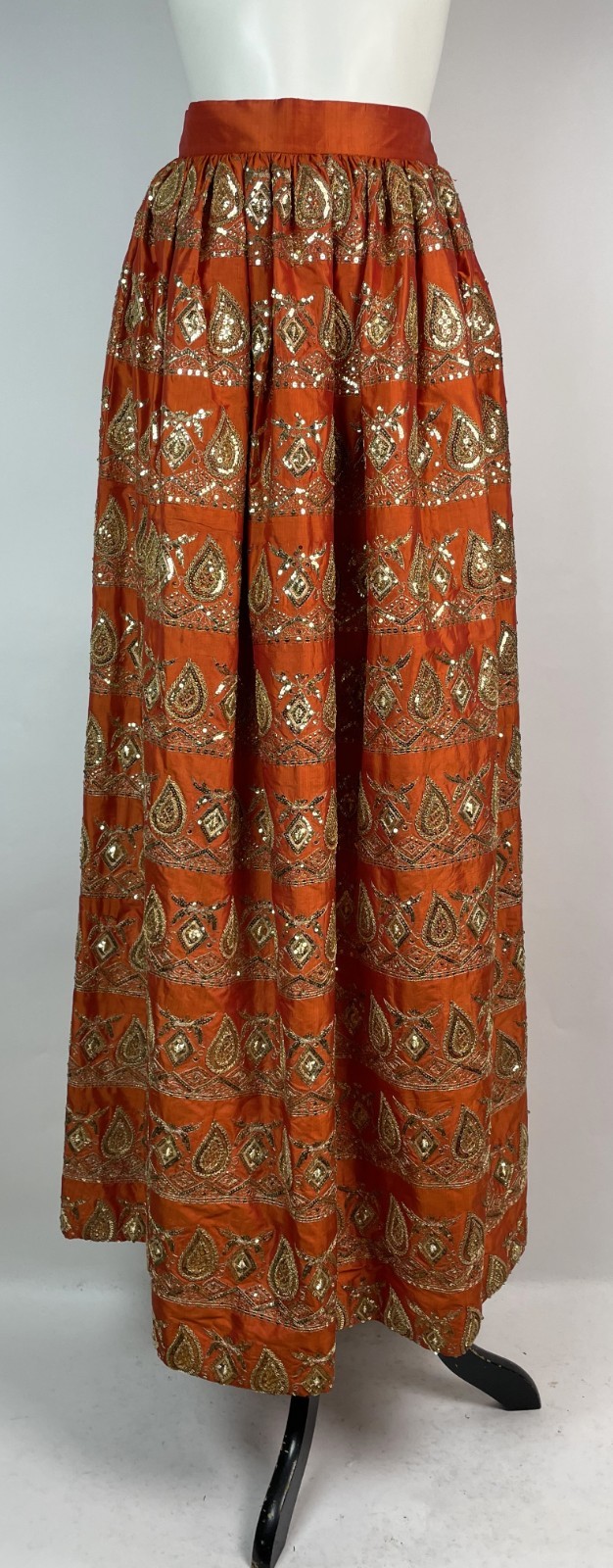 Vintage 70s Orange Gold Sequin Metallic High Waisted Indian Flared Maxi Skirt XS