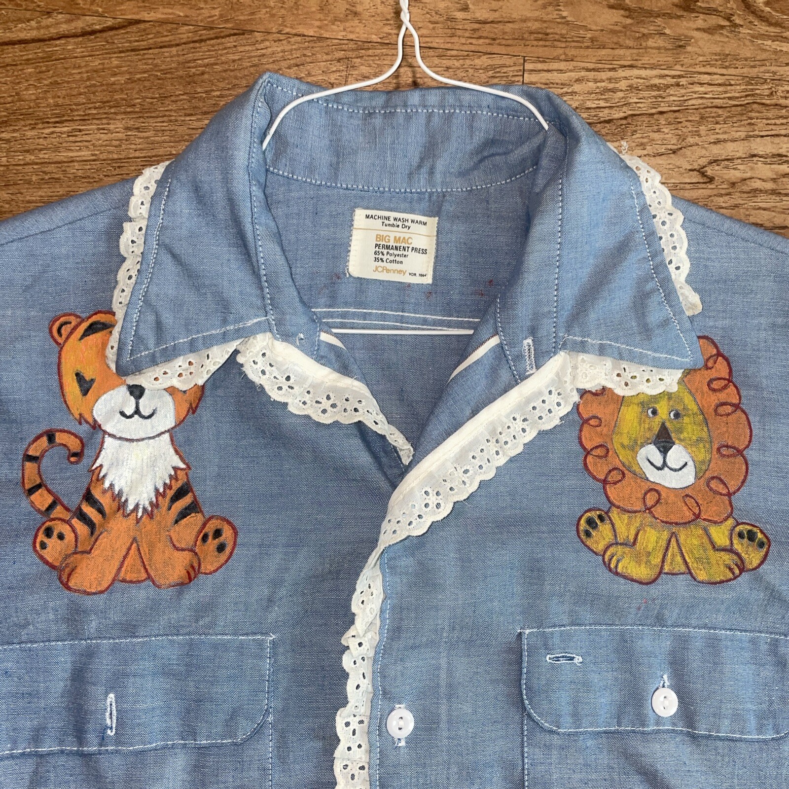 VTG BIG MAC Shirt Hand Painted 70s Long Sleeve Button Up Woman Size XL