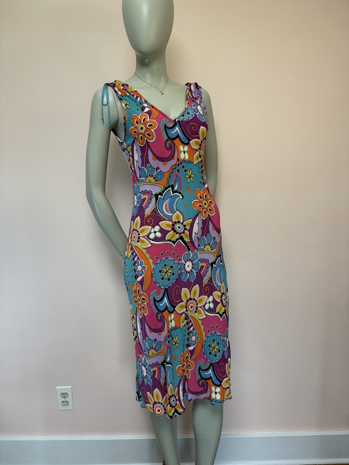 Vintage 90s Angie Psychedelic Bias Cut Rayon Floral fairy India Midi Dress S
