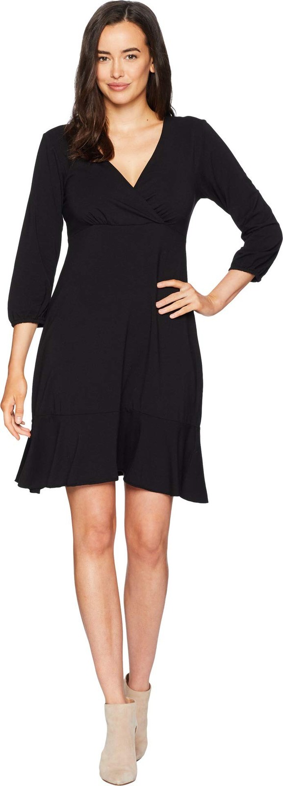 Mod-O-Doc Cotton Modal Spandex Surplice Front Dress Flounce Hem Black Size L