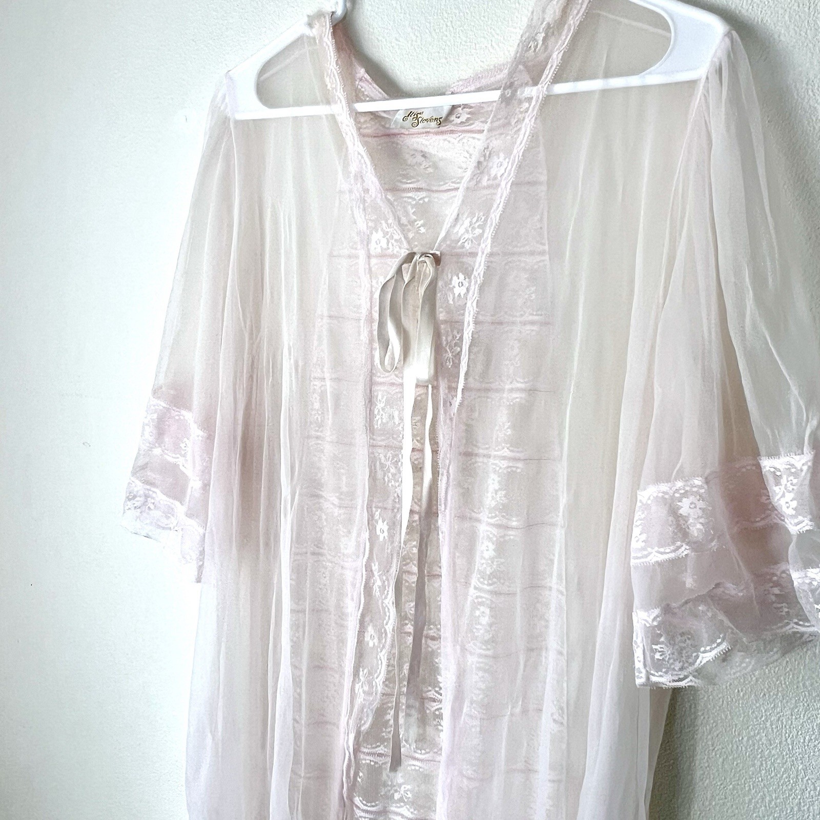 Vintage Ilise Stevens Light Pink Lace Sheer Victorian Robe Women’s Housecoat