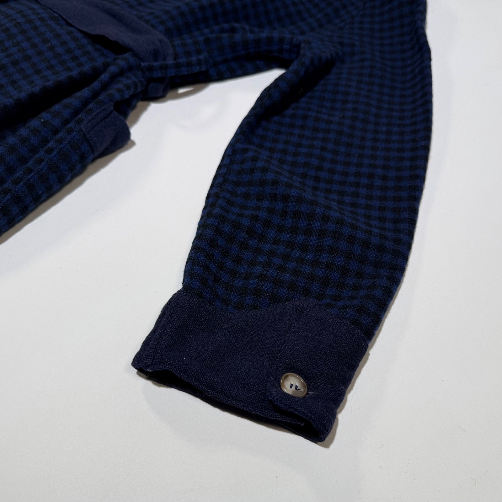 Double-Breasted Navy Blue And Black Gingham Check Wool Robe