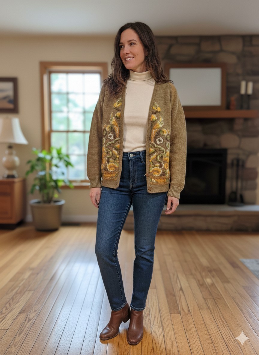 Cift Geyik Small Brown Gold Virgin Wool Floral Cardigan Turkey Vintage Boho Folk