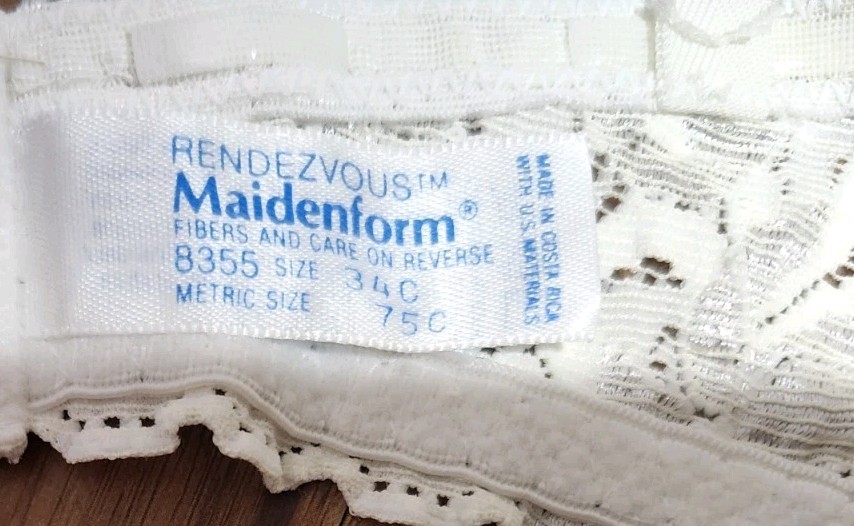VTG Maidenform 34C Satin & Lace RENDEZVOUS Strapless Underwire Bra #8355 White