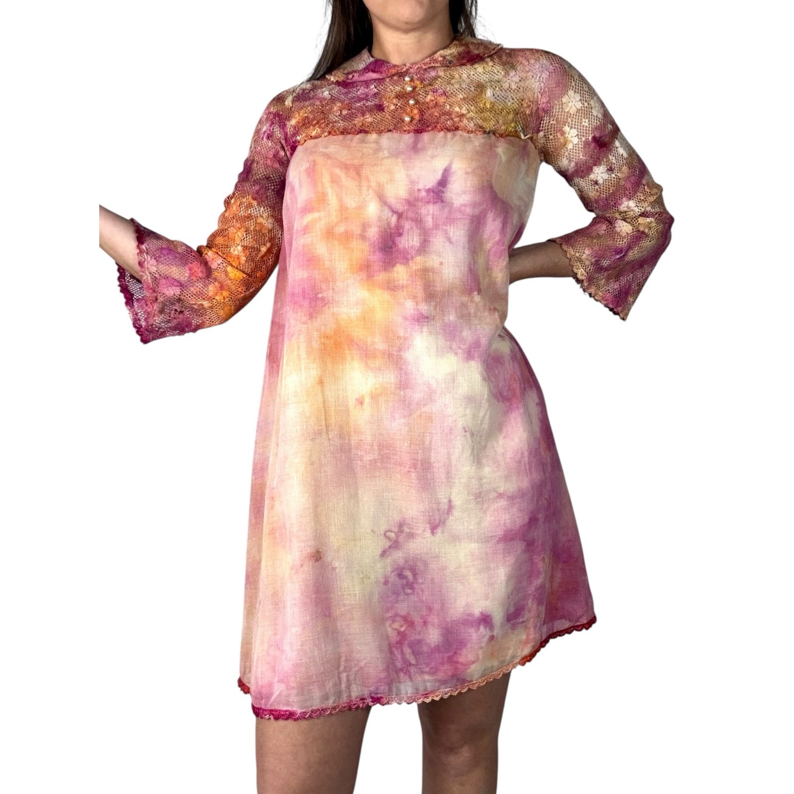 Vintage 1960s Hand Dyed Pink Orange Ice Dye Shift Dress Bell Sleeves Lace Yoke