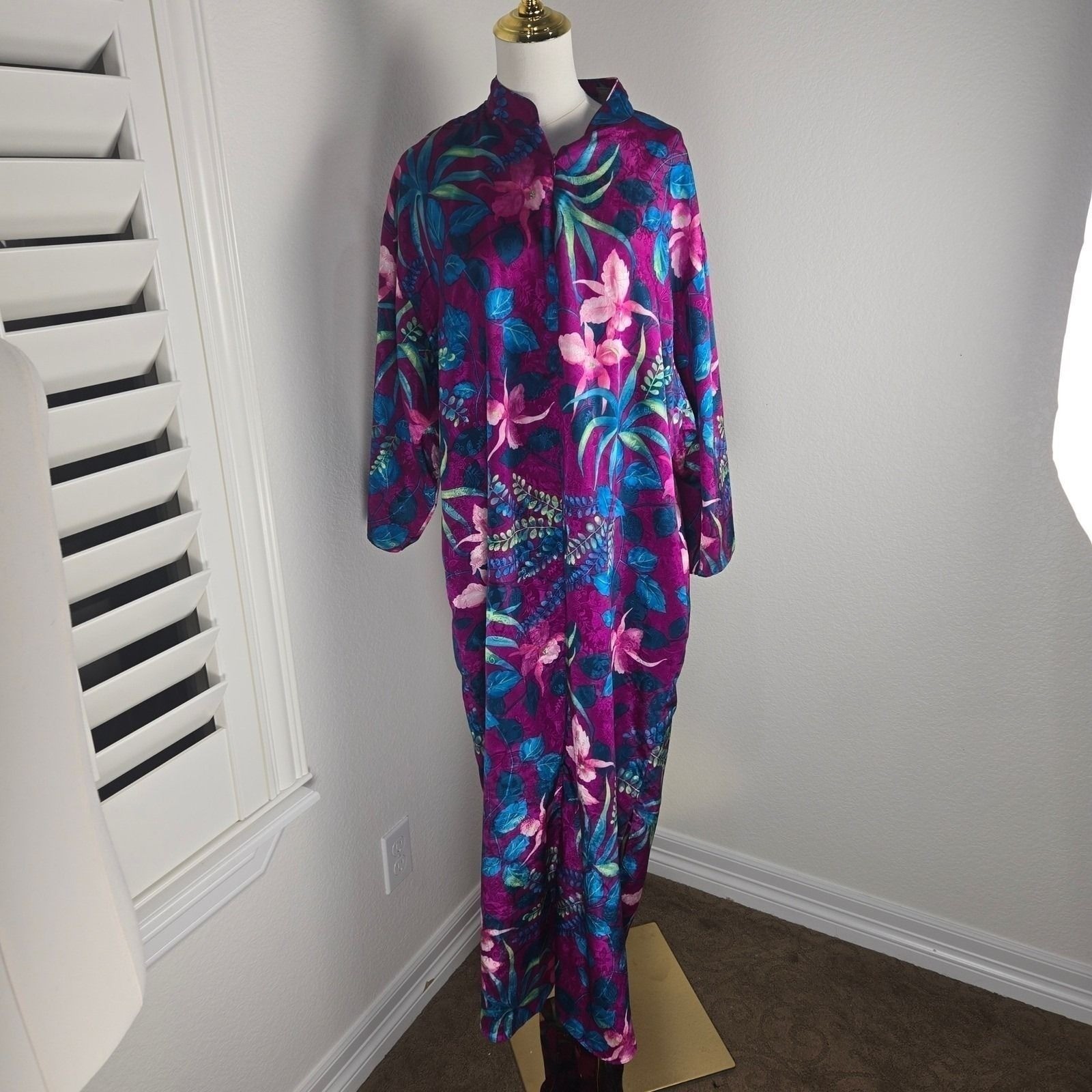 Valerie Stevens Vintage 80s 90s Floral Satin Caftan Maxi Jacquard Lounge Dress L