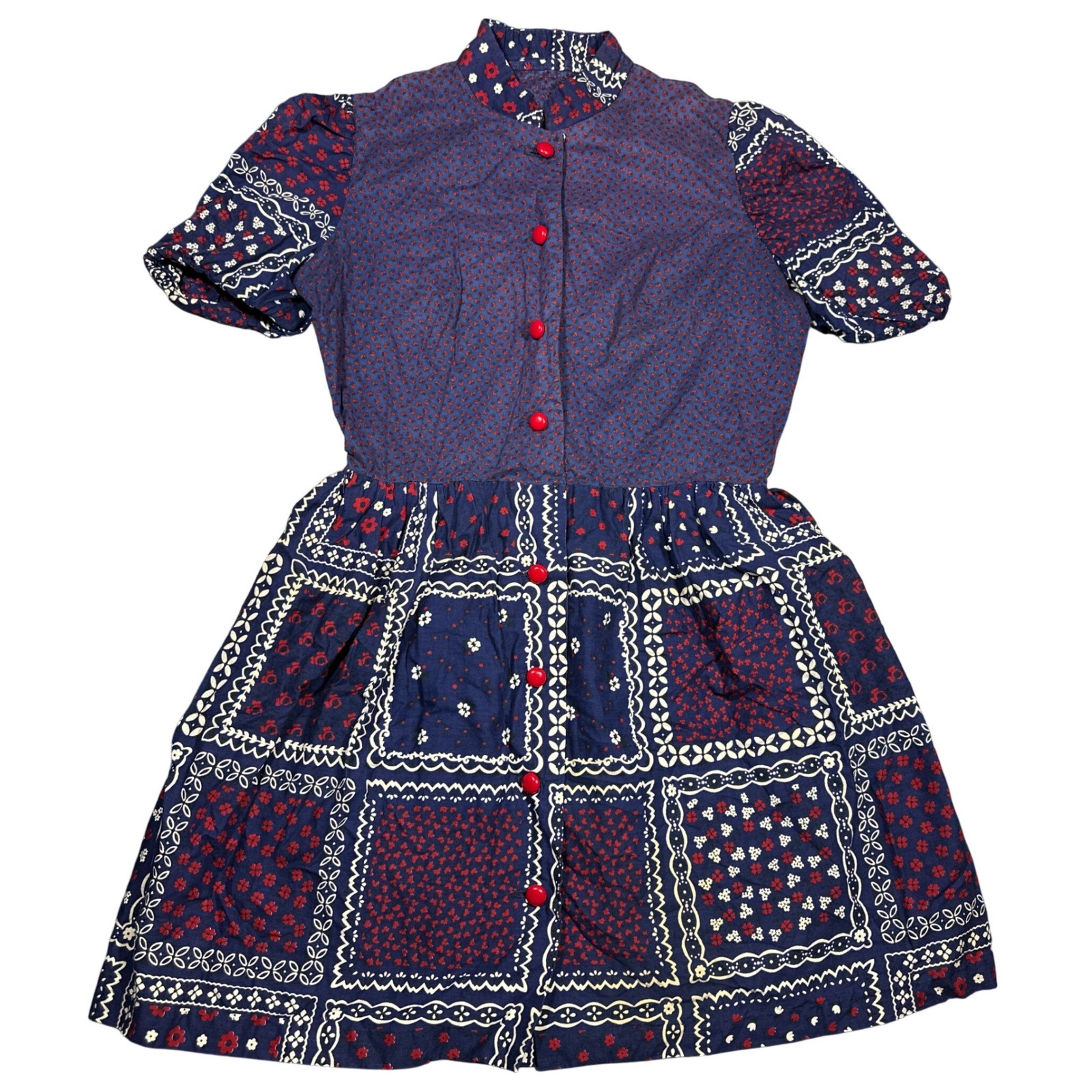Vintage 70s Patchwork Bandana Prairie Dress Navy Red Button Down Modest Juniors