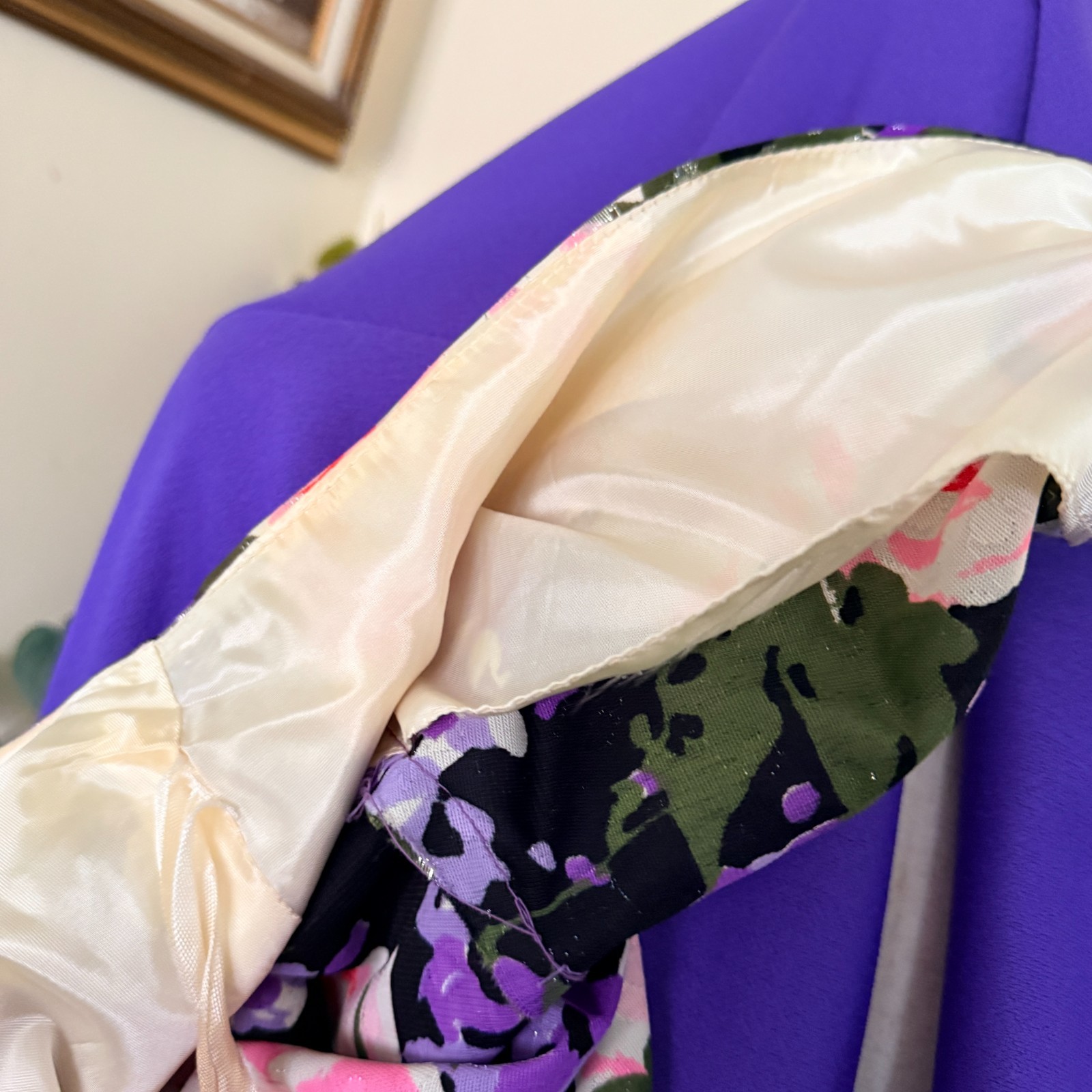 Vintage Purple Floral Hostess Gown Empire Waist Maxi Dress Silver Lurex Dots