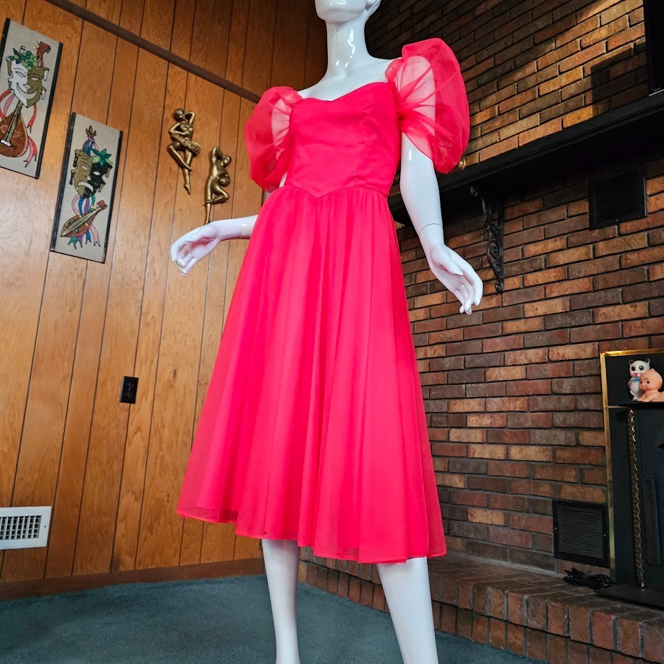 Vtg 80s Lipstick Red Queen Of Hearts Puff Sleeve Chiffon Full Prom Dress XS/S