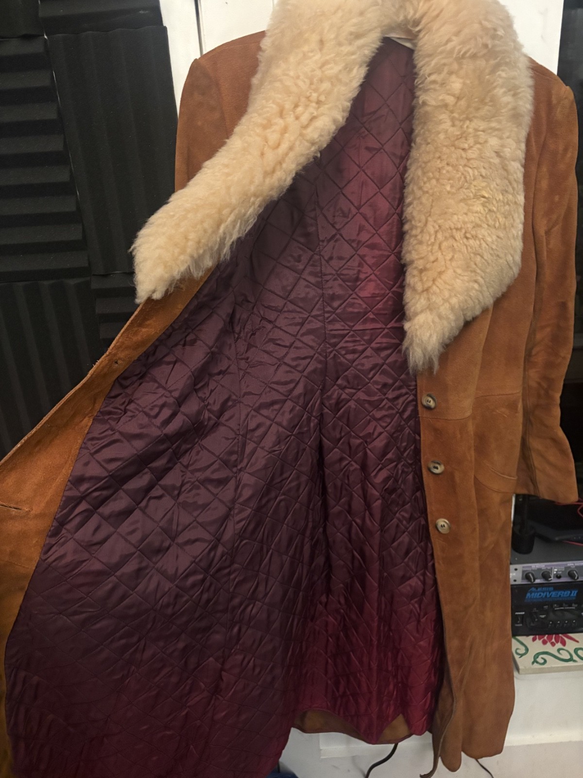 Vintage 70s Genuine Suede Maxi Coat w/ Ivory Curly Shearling Collar | Cognac Lea