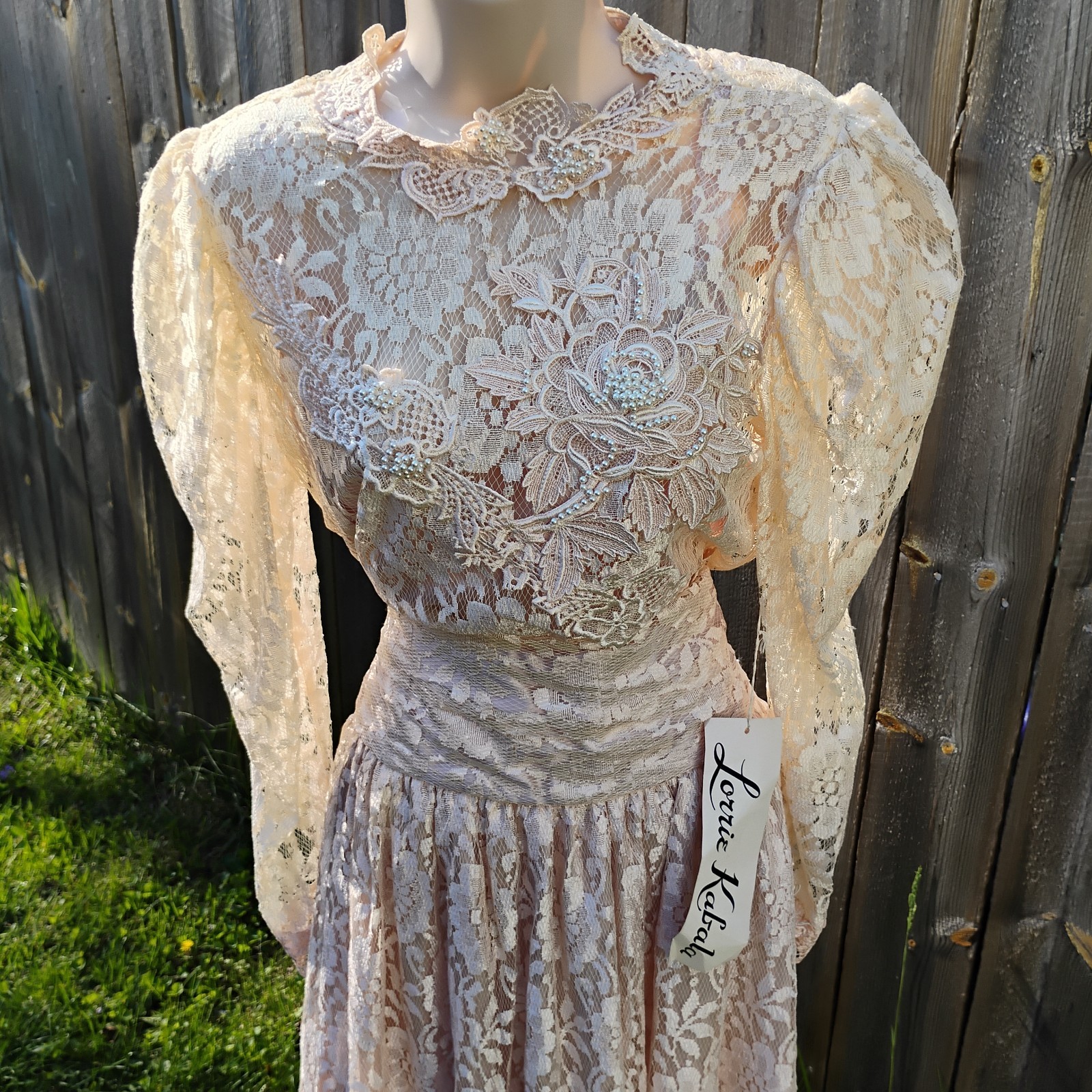 VTG Lorrie Kabala Lace Wedding Gown 3 Pc Size 8 Champagne Cream Pearl Beaded NWT