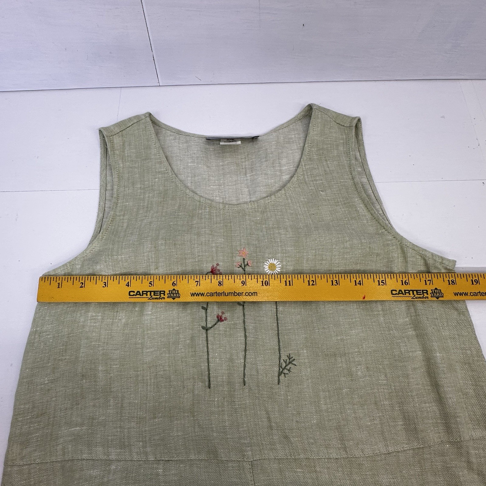 VTG CarolAnderson Linen Green Embroidered Dress USA Cottagecore Prairie M READ