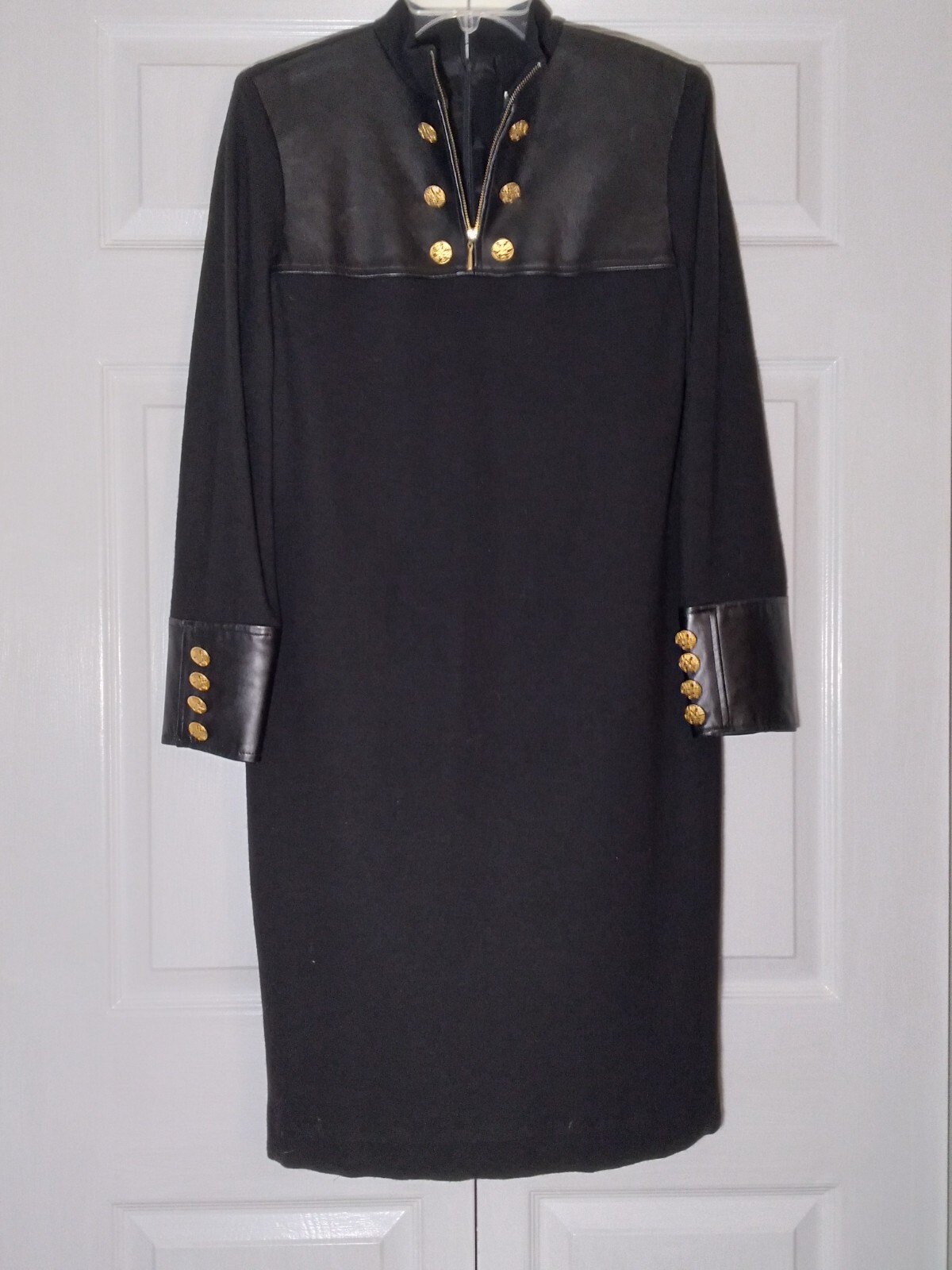 Vintage Bloomingdale’s Black Merino Wool & Leather Dress L/S Back Zip Size 10