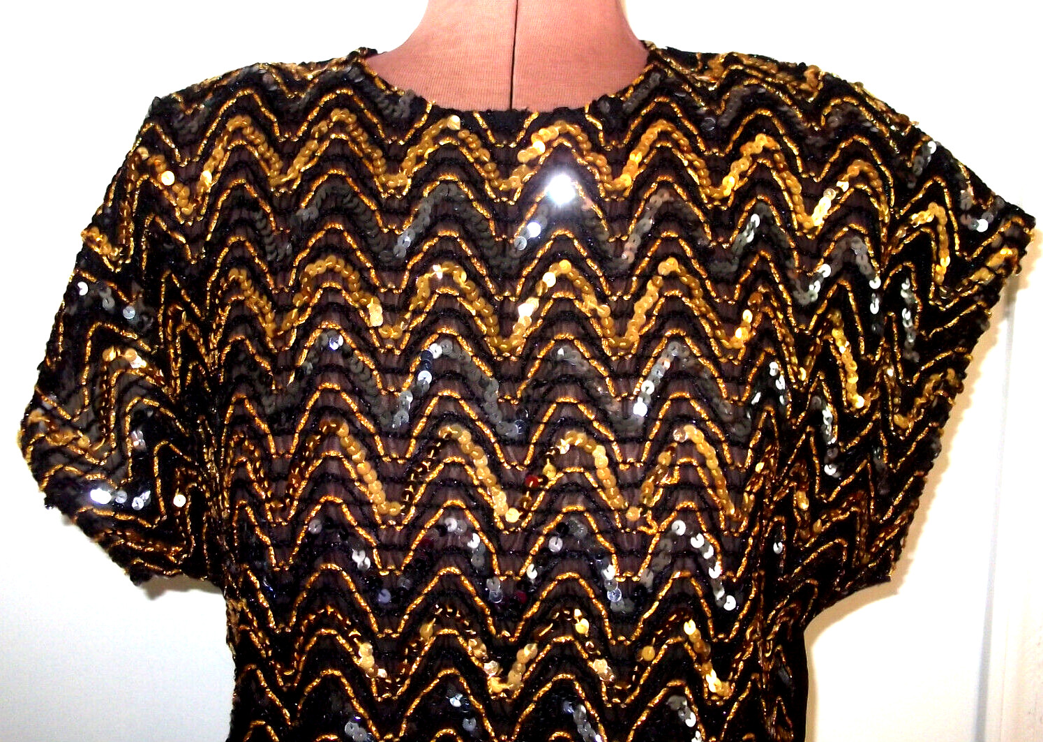 Vtg Black ADAMO Gold SEQUINED Pullover SHORT SLEEVE Evening Cocktail TOP/Size S