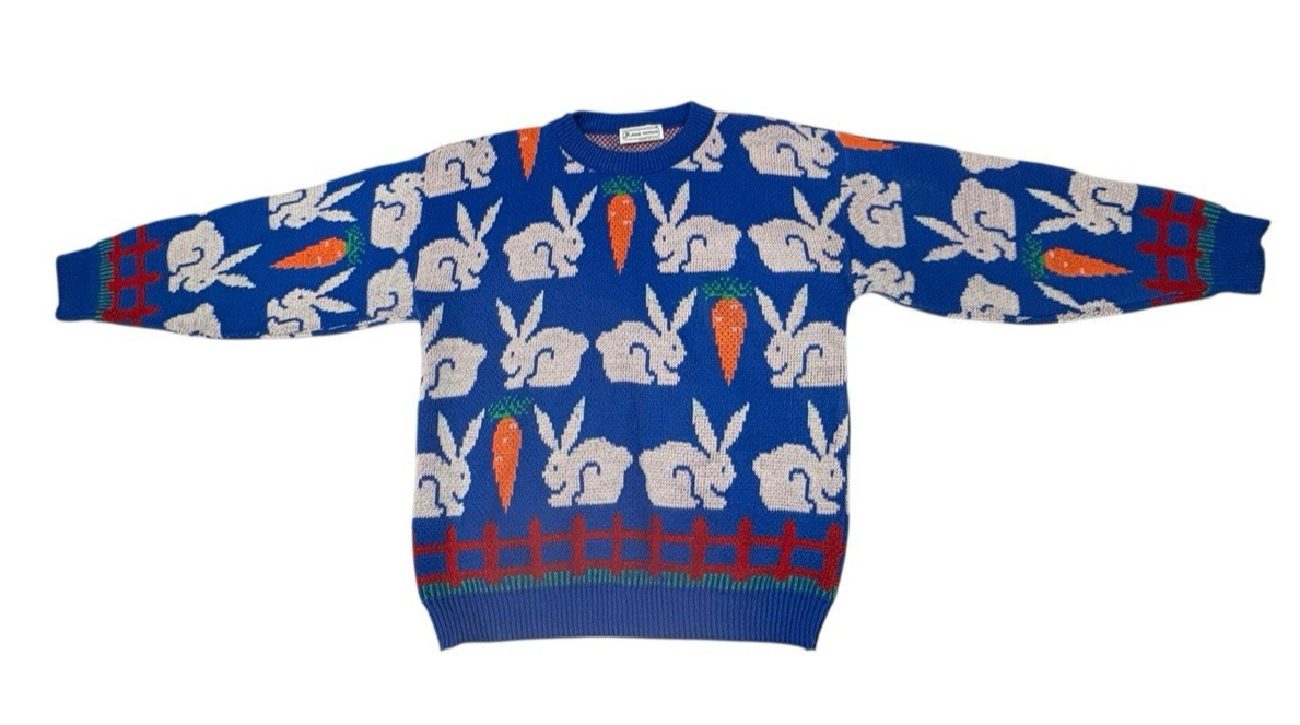 Jane Adams Bunny Carrot Knit Sweater Size M or L Acrylic Pullover Easter READ